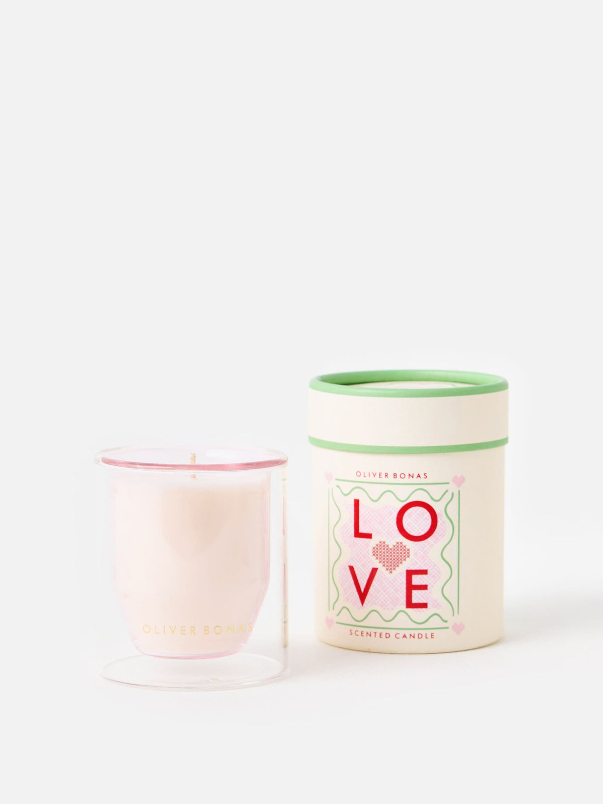 Oliver Bonas Pink Love scented candle in pink glass - British product