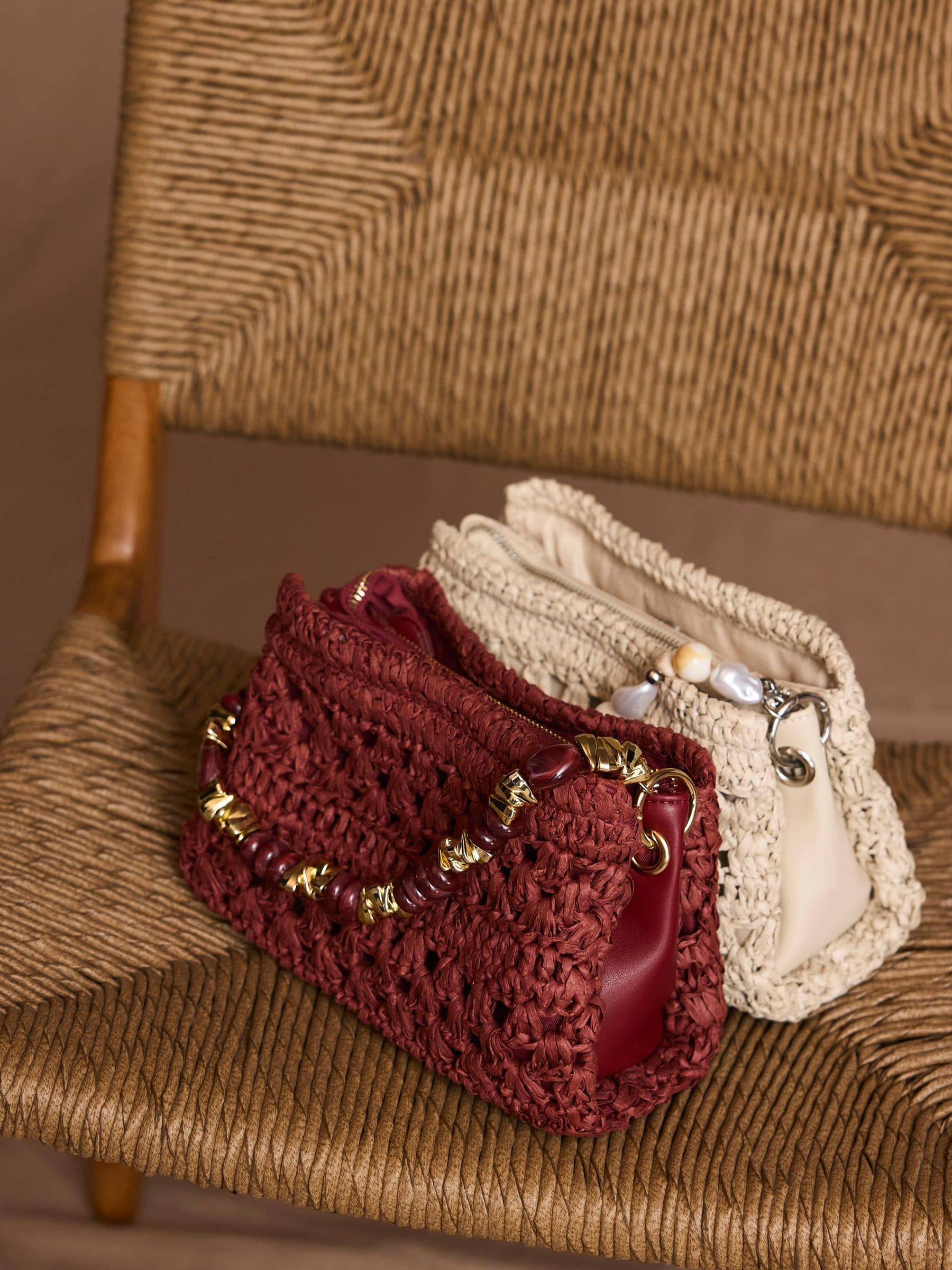 Mint Velvet Red Sara Paper Crochet Style Cross-Body Bag with Beaded Charm Handle
