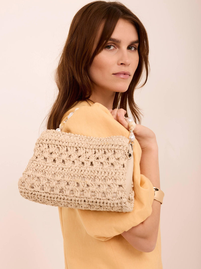 Mint Velvet Cream Sara Paper Crochet Style Cross-Body Bag with Beaded Charm Handle