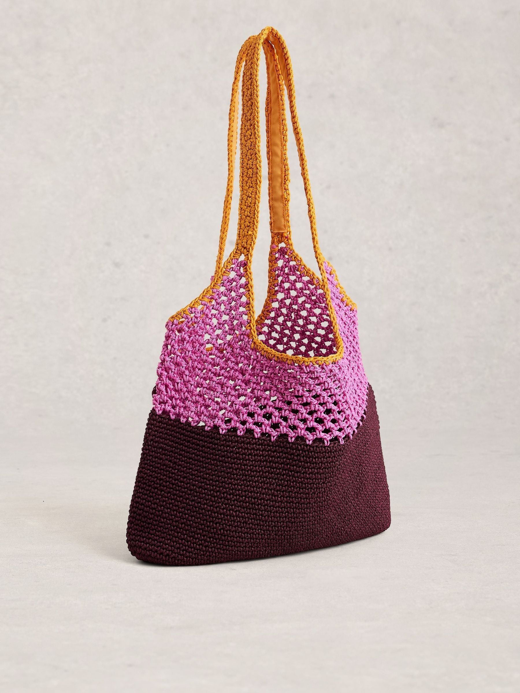 White Stuff crochet shopper bag pink brown, UK version