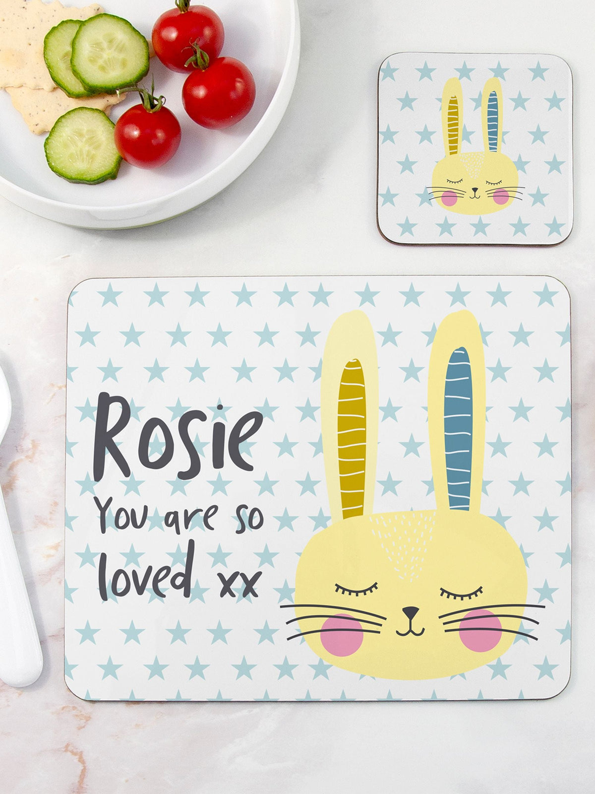 Treat Republic personalised Easter Bunny placemat and coaster set, UK version