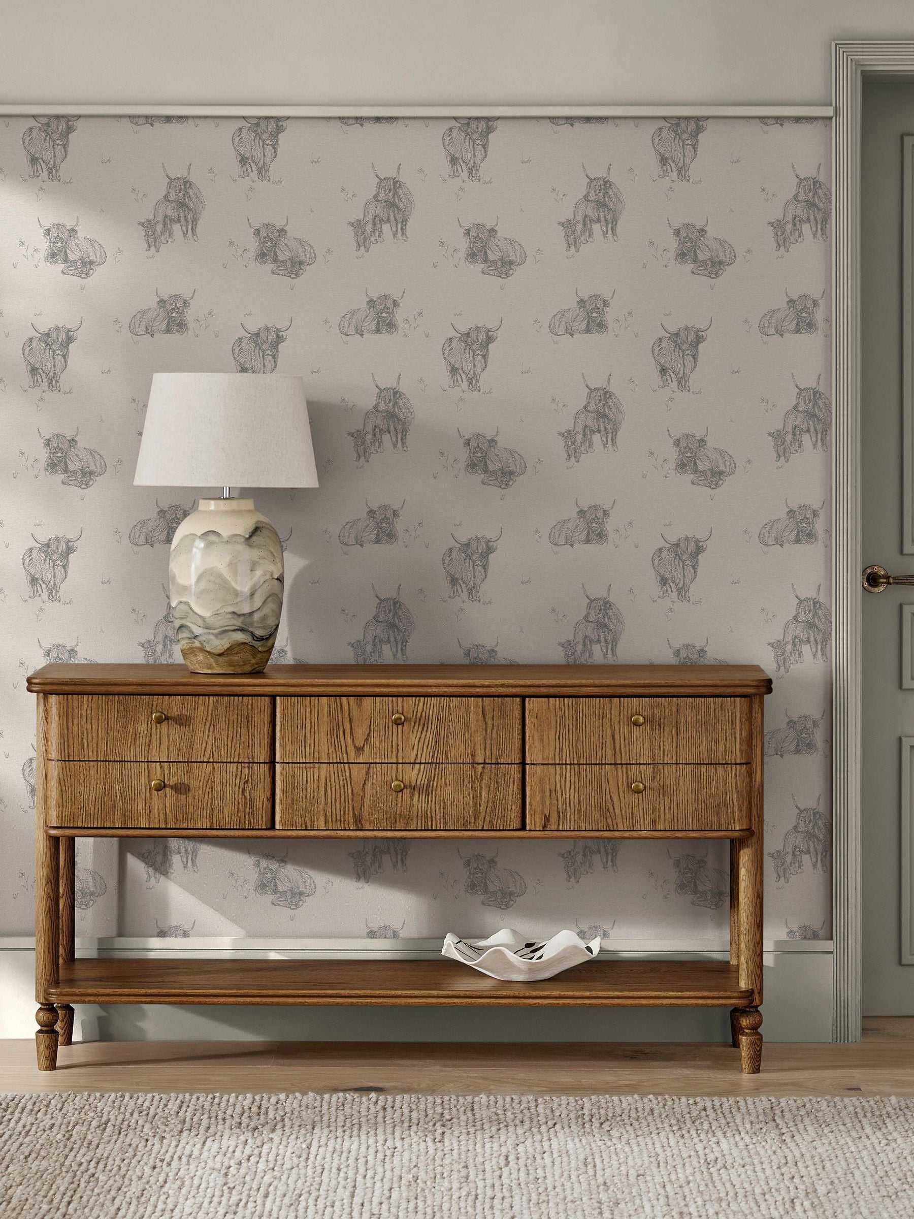 Natural Hamish Highland cow wallpaper sample A4 - British product