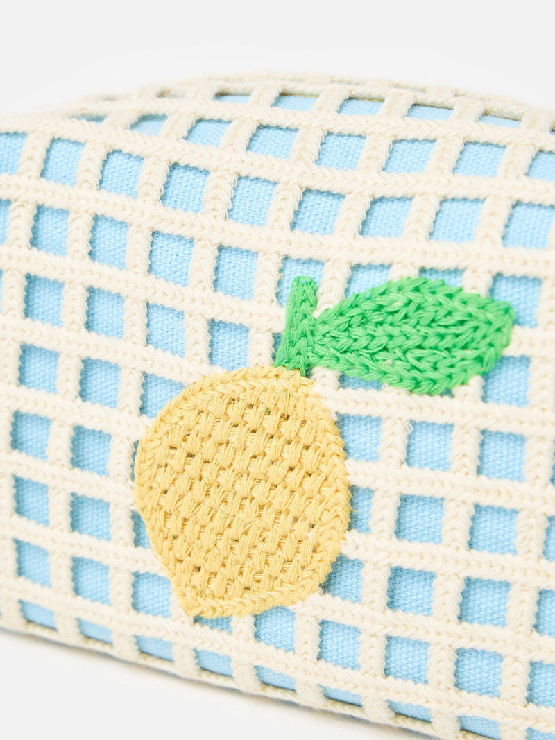 Oliver Bonas blue crochet makeup bag with lemon motif (British brand)
