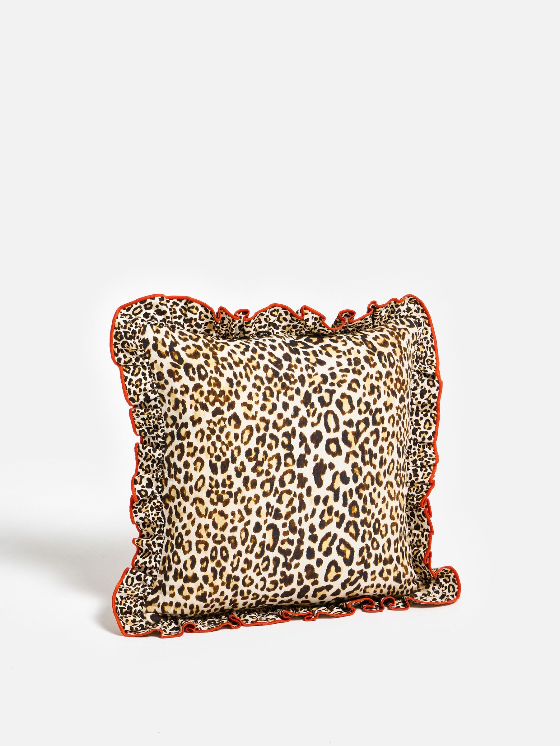 Oliver Bonas leopard print cushion cover 45x45cm with red frill (British brand)