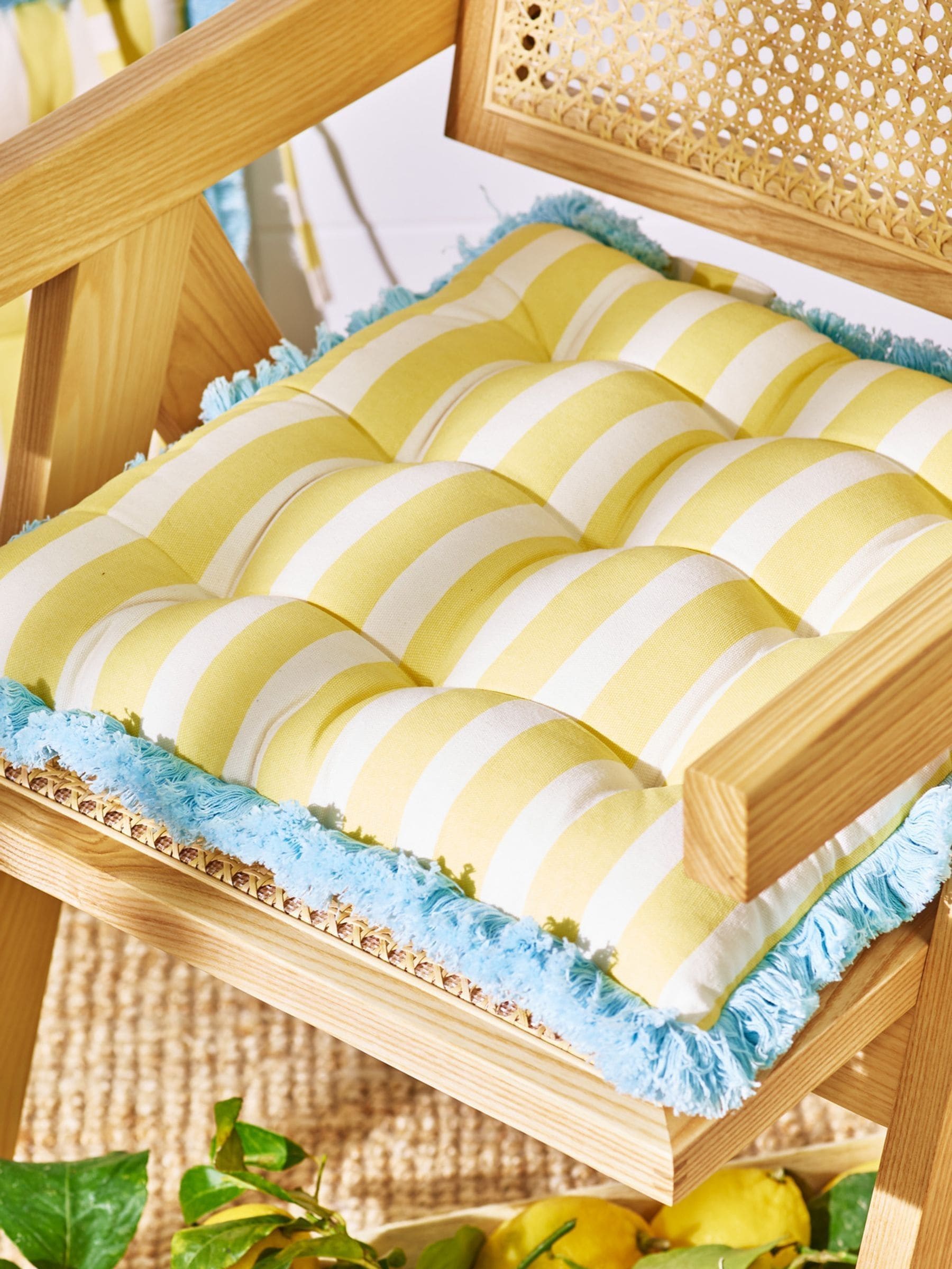 Oliver Bonas yellow striped fringed seat pad 40cm, UK version