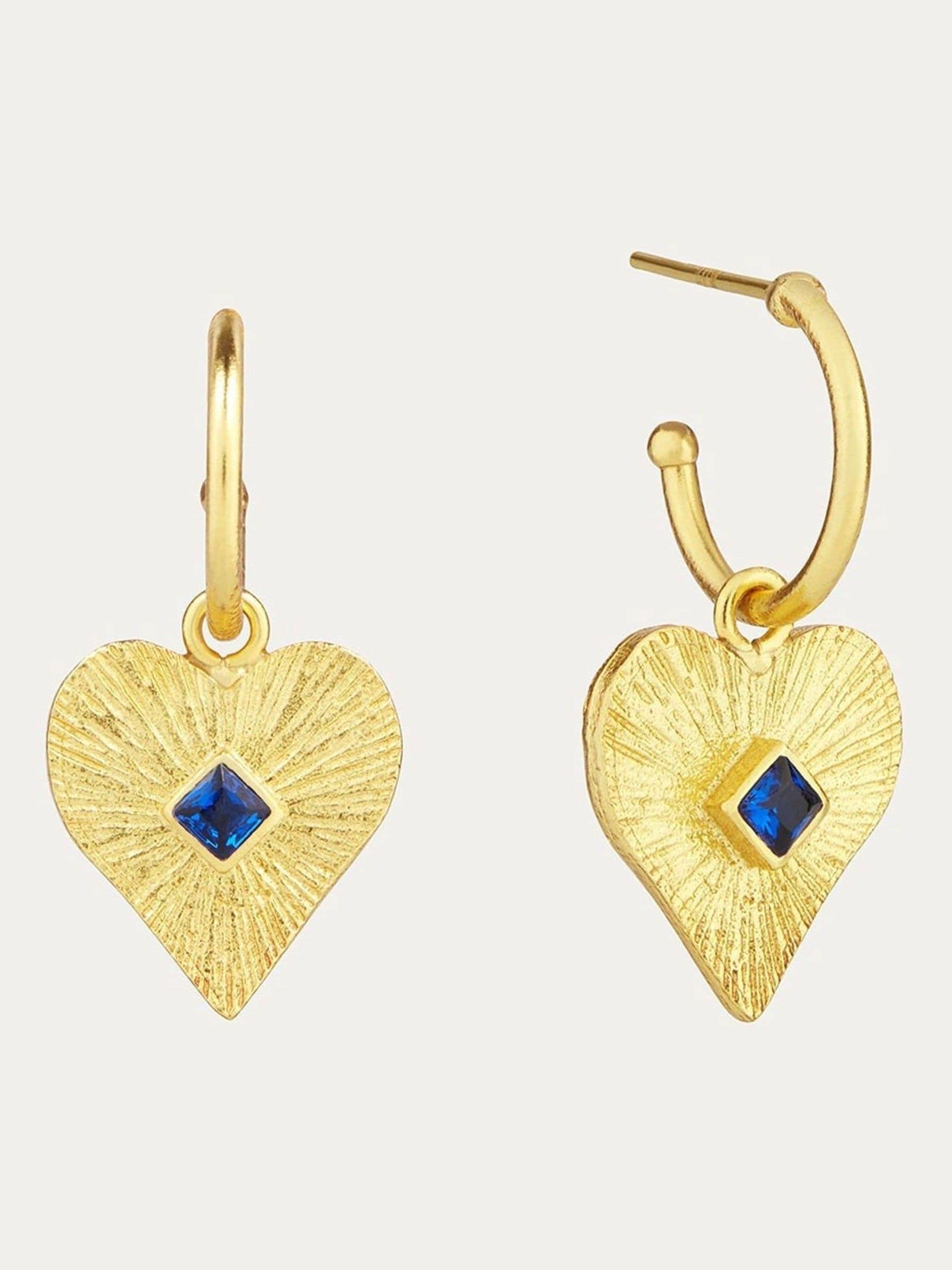 Ottoman Hands gold hoop earrings blue crystal heart, UK version