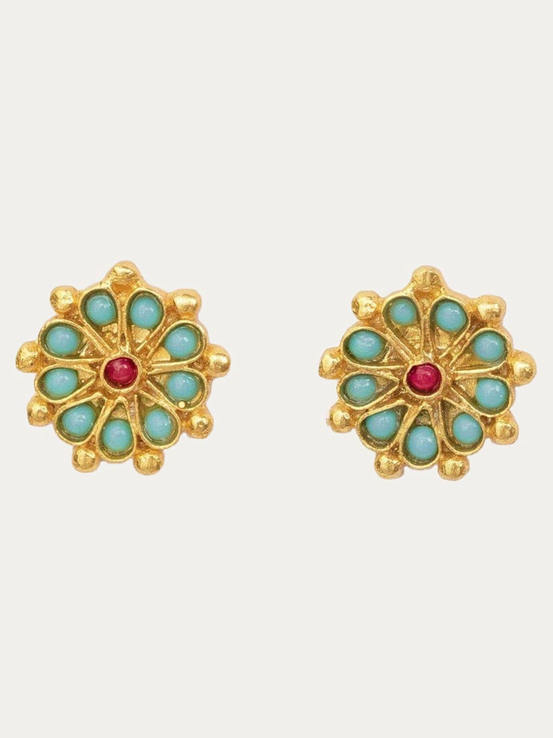 Ottoman Hands gold tone marigold turquoise and red agate beaded stud earrings (British brand)
