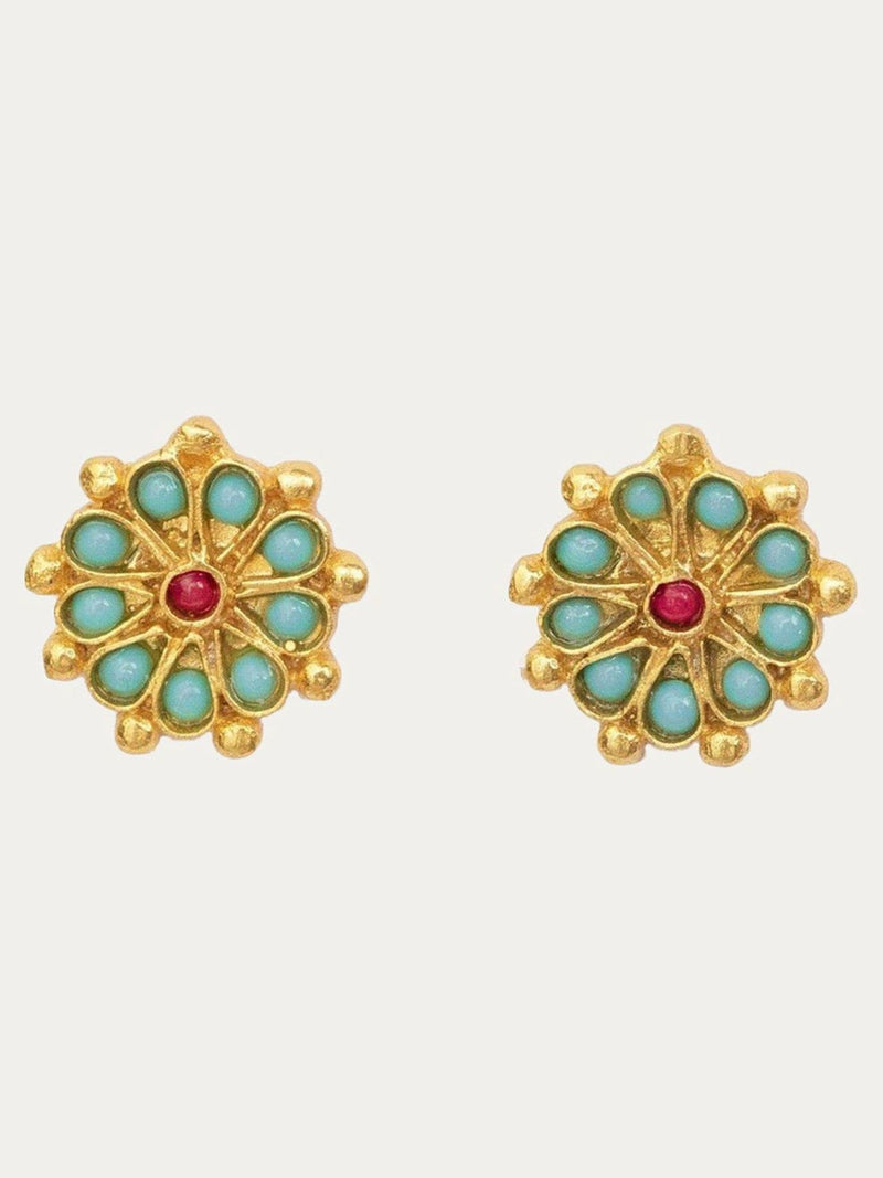 Ottoman Hands gold tone marigold turquoise and red agate beaded stud earrings (British brand)