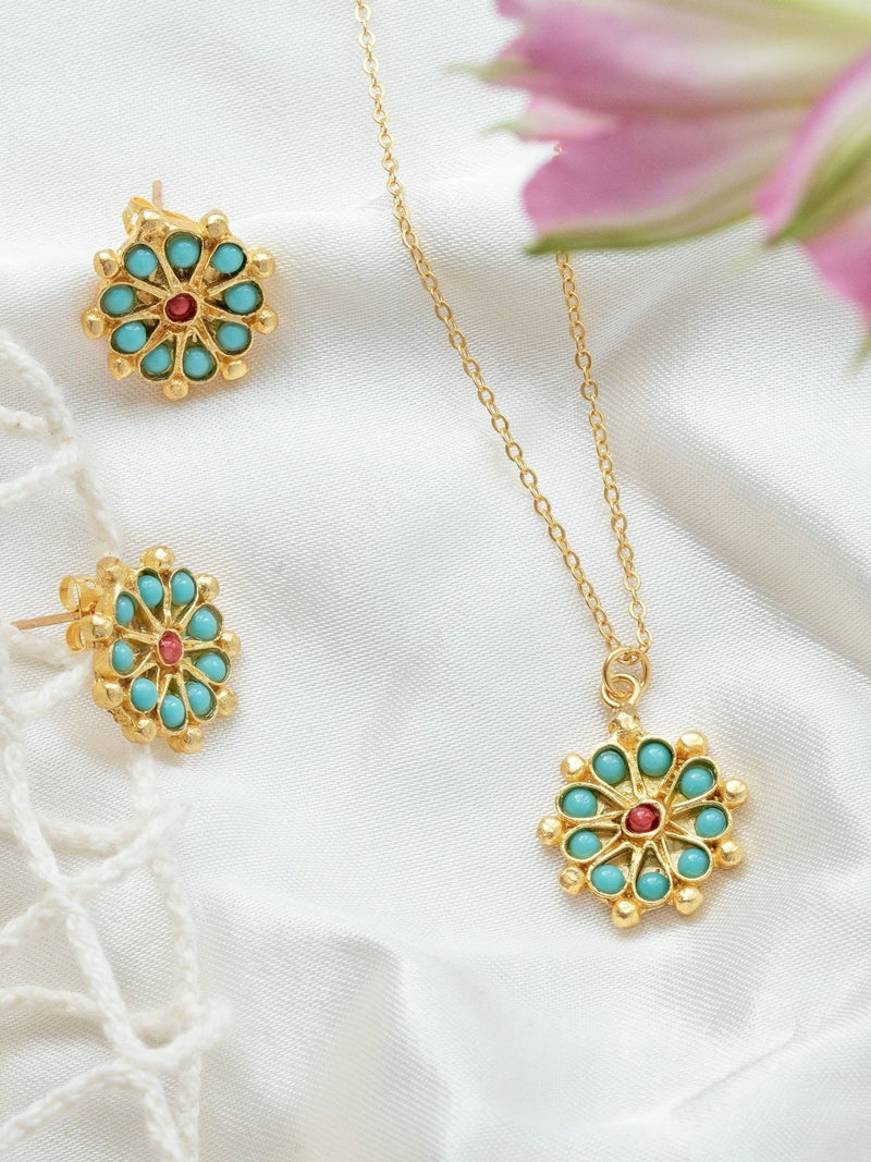 Ottoman Hands gold tone marigold turquoise and red agate beaded stud earrings (British brand)