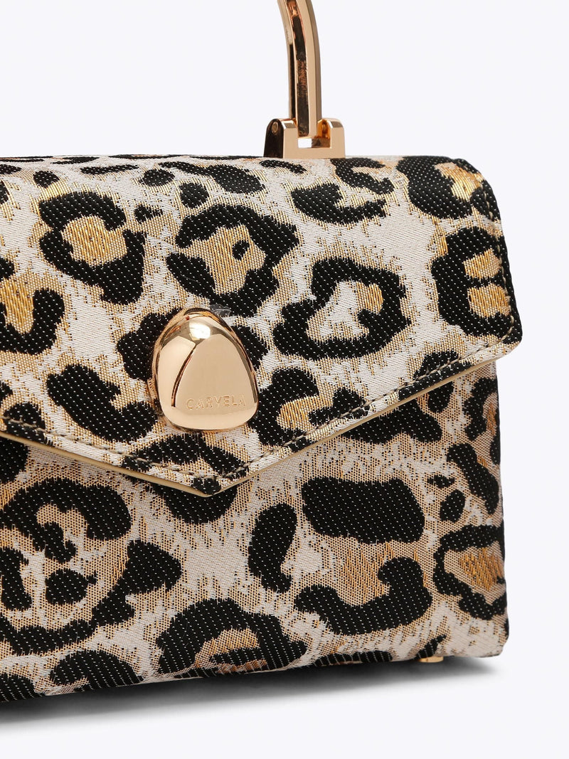 Carvela Amara top handle bag leopard print with gold details - British product
