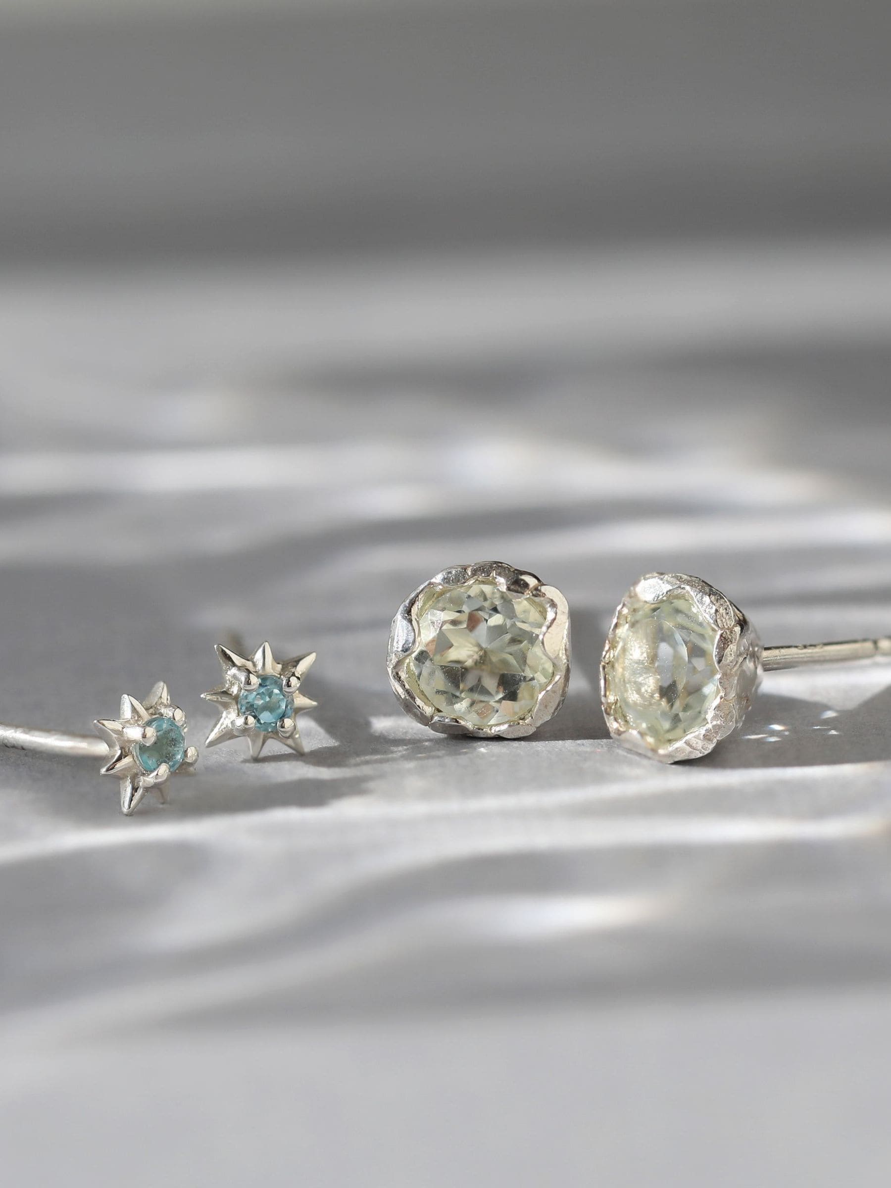 Carrie Elizabeth green amethyst stud earrings in sterling silver, imported from the UK