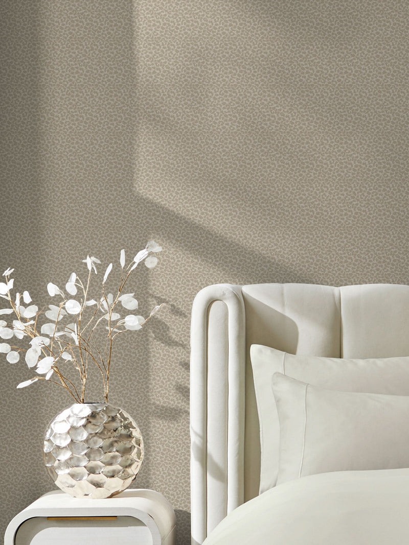 Luxe Leopard wallpaper sample in taupe and stone, imported from the UK