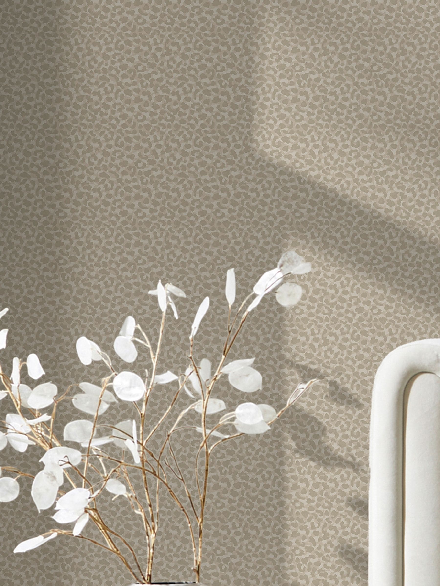 Luxe Leopard wallpaper sample in taupe and stone, imported from the UK