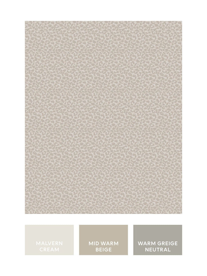 Luxe Leopard wallpaper sample in taupe and stone, imported from the UK