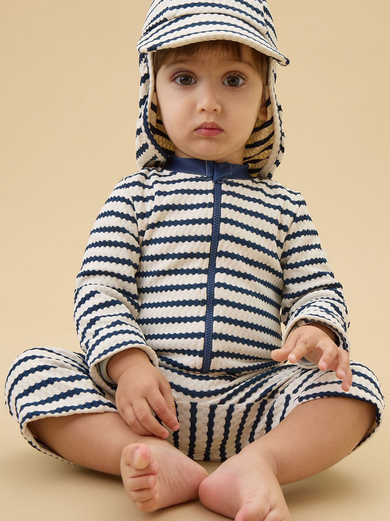 MORI Dark Blue Stripe Sun & Swim Hat with Neck Protection