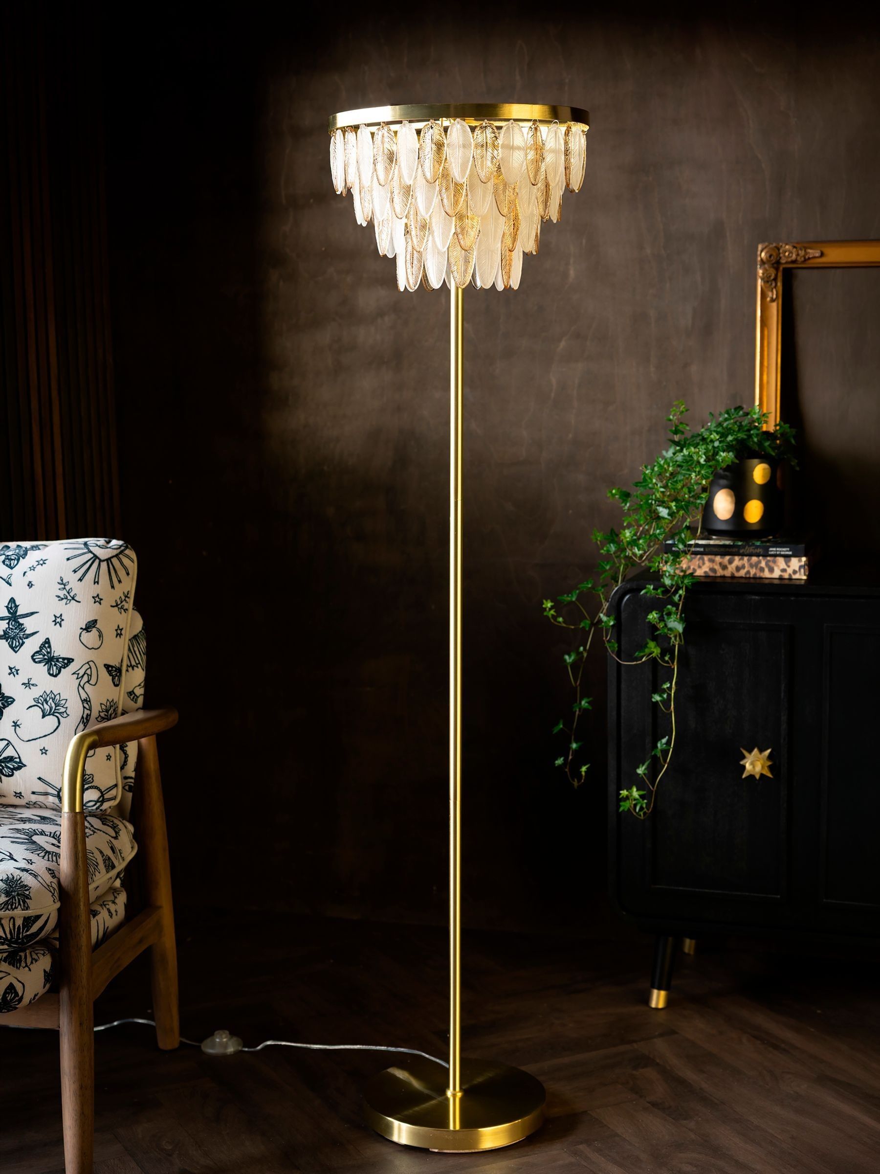 Rockett St George brass feather leaf chandelier ceiling light 149cm, UK version