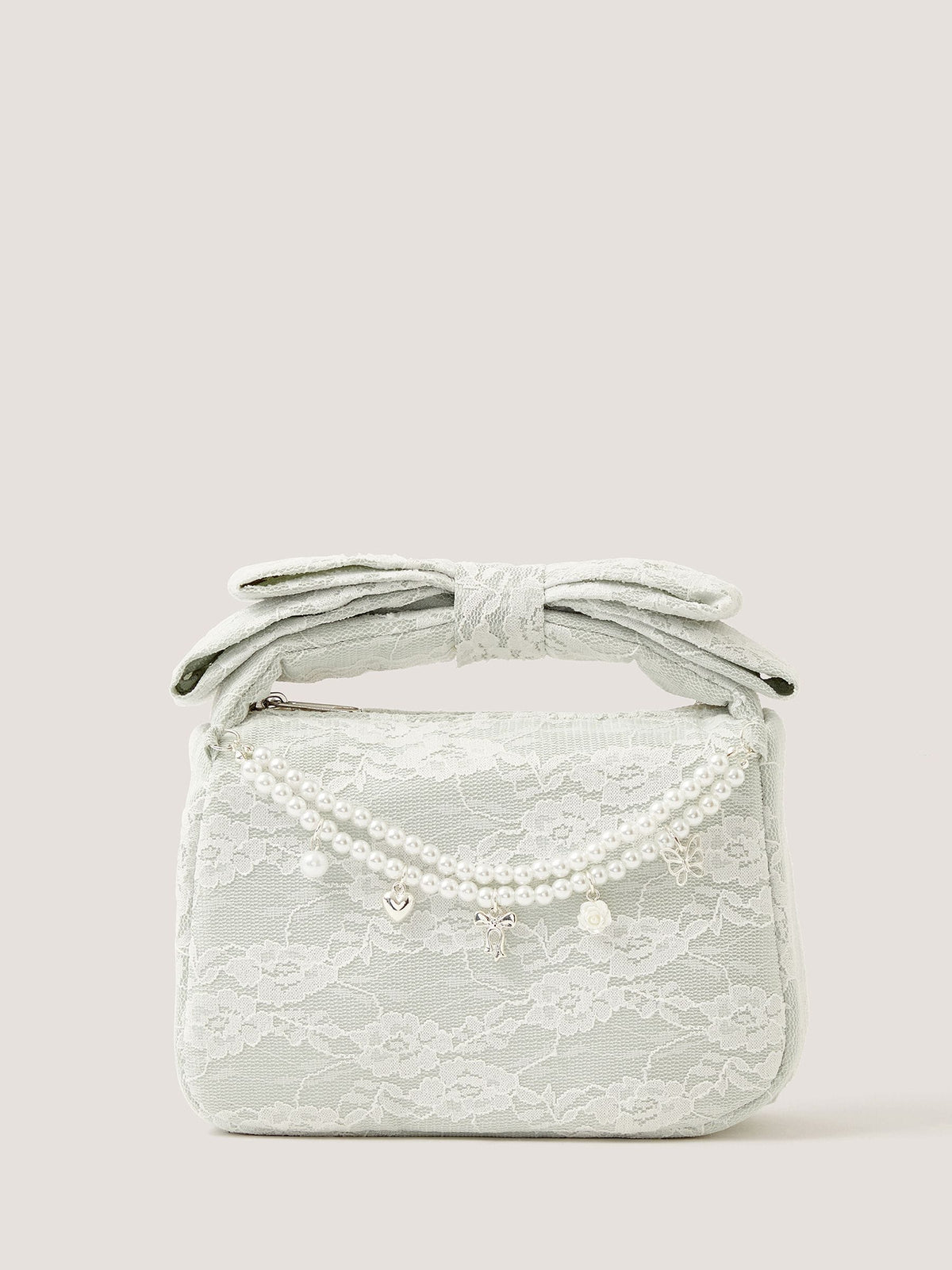Monsoon green lace bag with pearl charms, imported from the UK