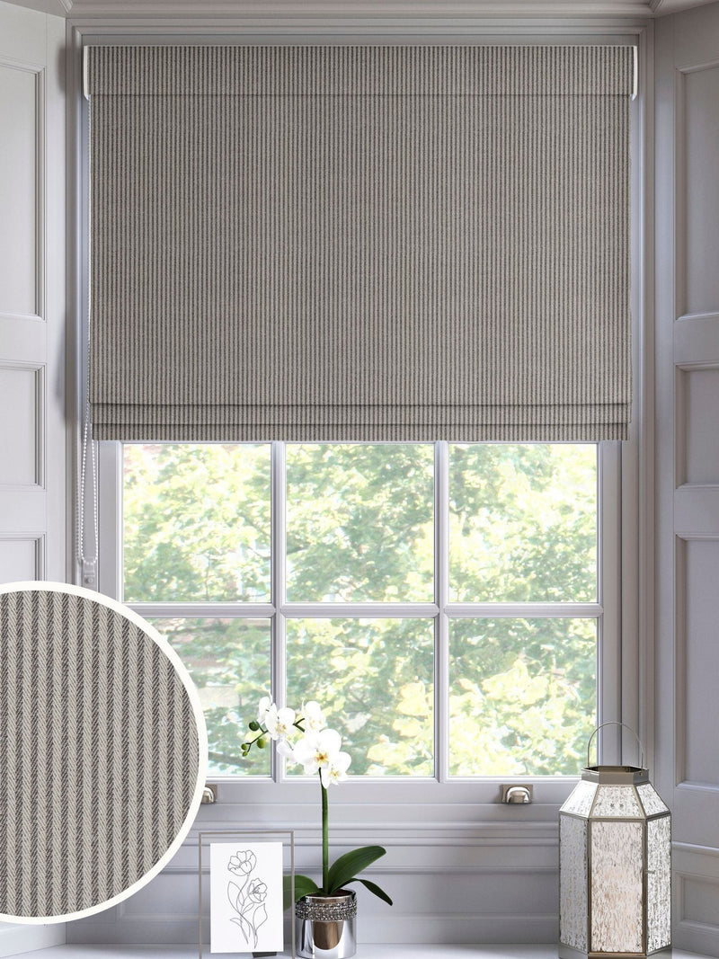 Charcoal grey woven roman blind with brushed stripes, UK version