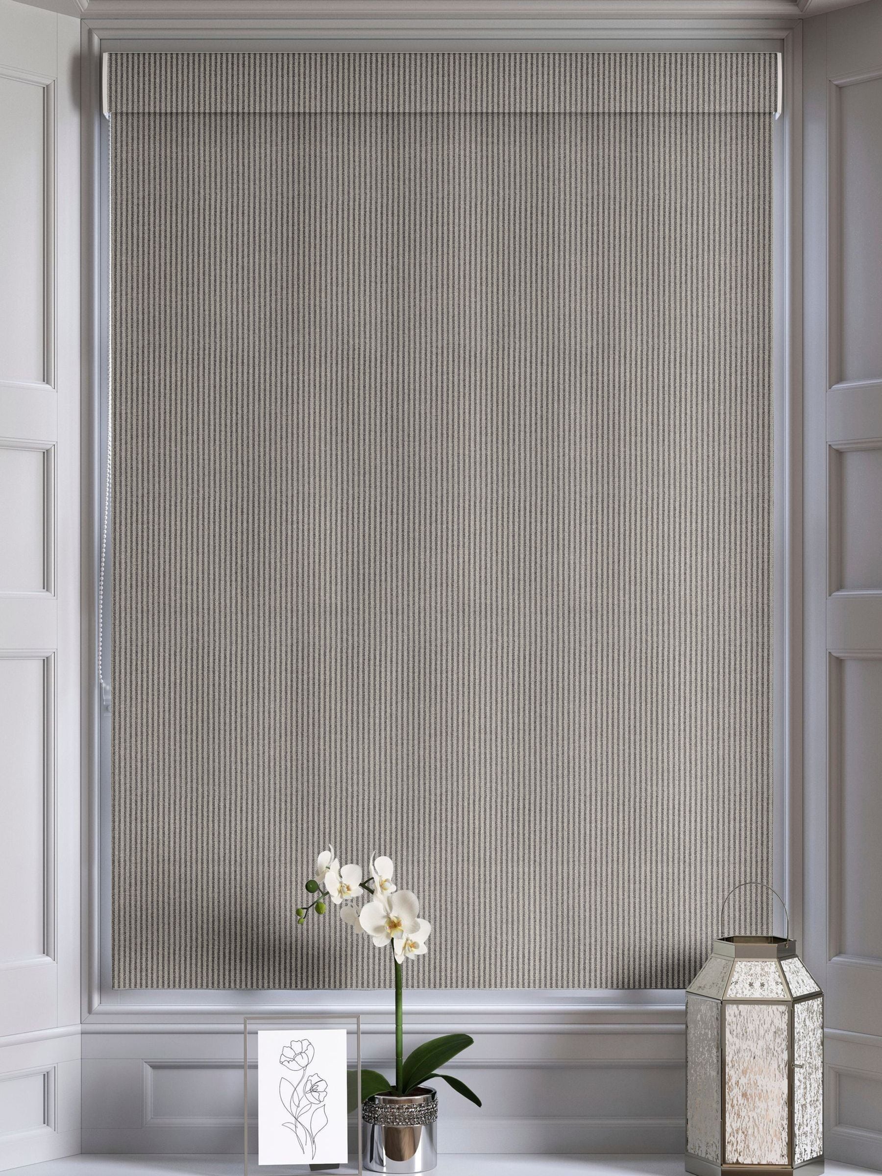 Charcoal grey woven roman blind with brushed stripes, UK version