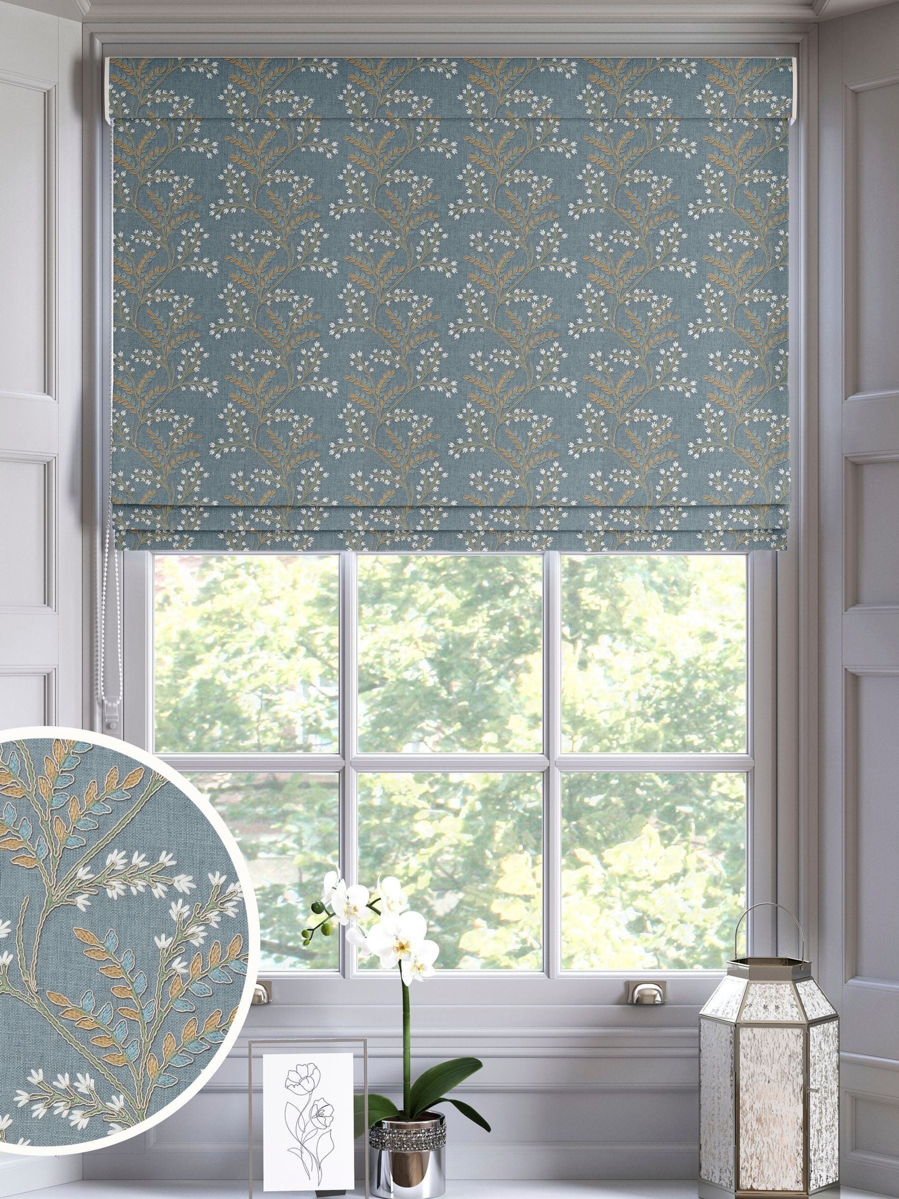 Blue Luxe blue floral embroidered roman blind (British brand)