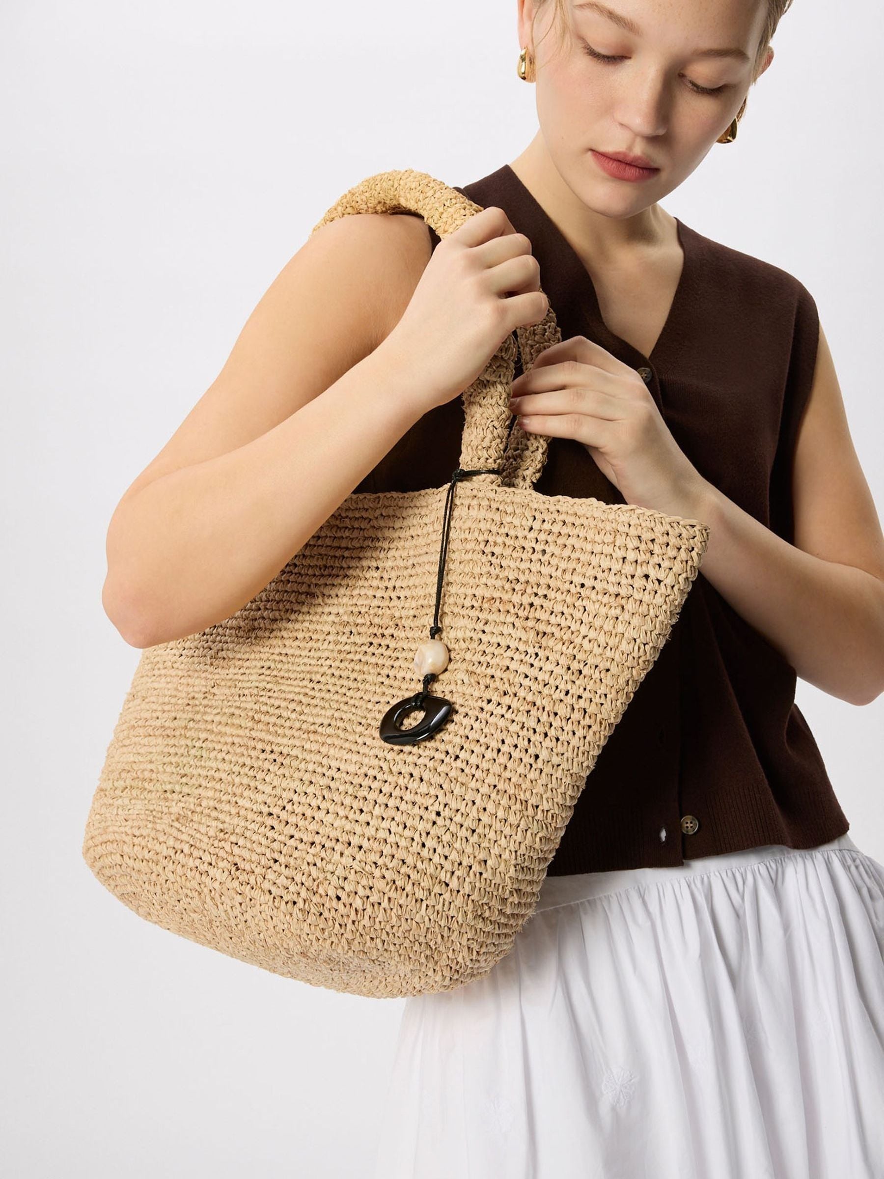 Whistles nude straw tote bag with charm (British brand)