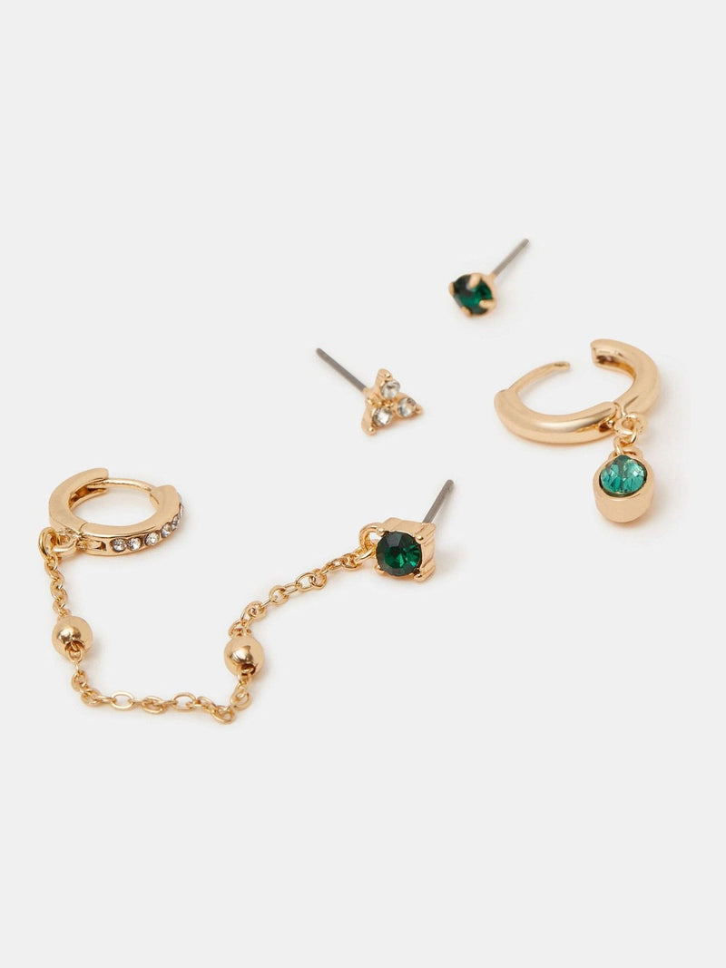 Accessorize green stone stud and chain hoop earrings 4 pack (British brand)