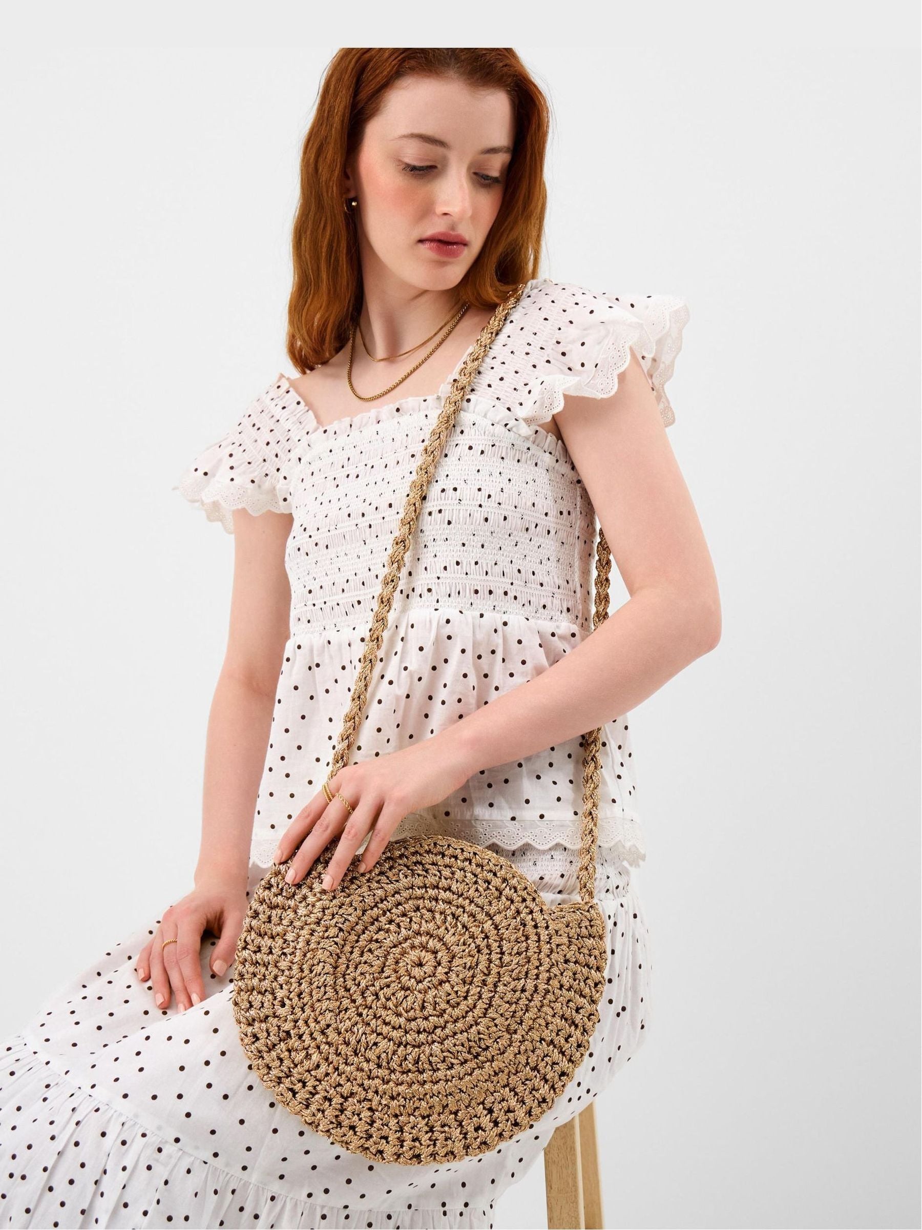 Accessorize gold metallic shell macramé crossbody bag (British brand)