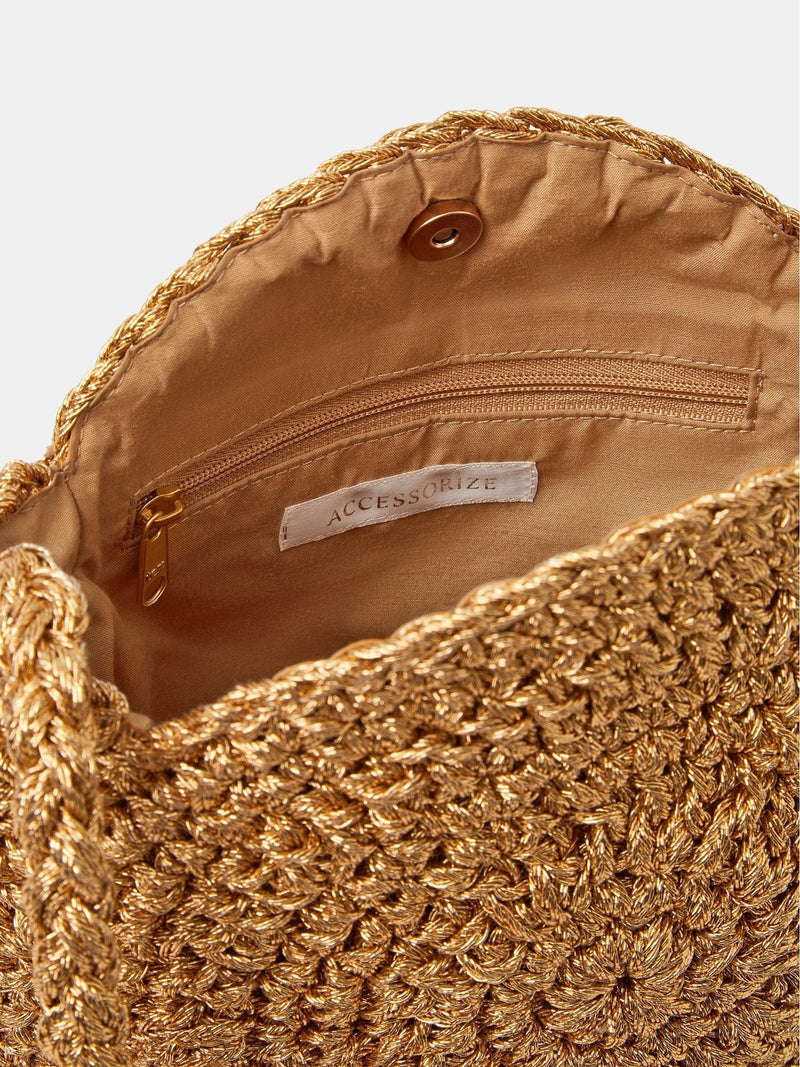 Accessorize gold metallic shell macramé crossbody bag (British brand)