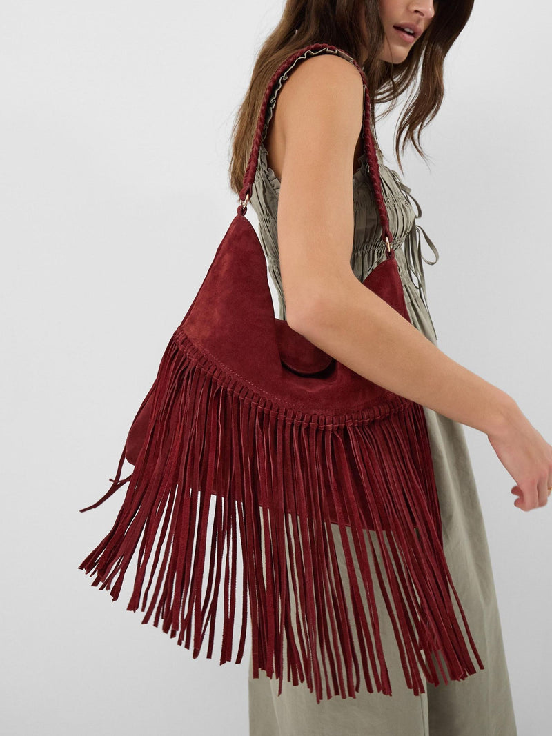 Accessorize red fringe suede shoulder bag, imported from the UK