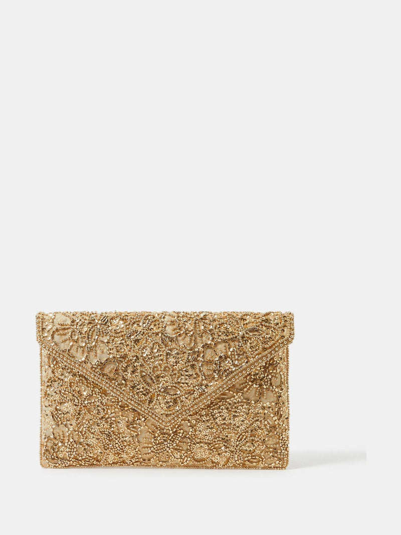 Accessorize gold floral embellished envelope clutch bag (British brand)