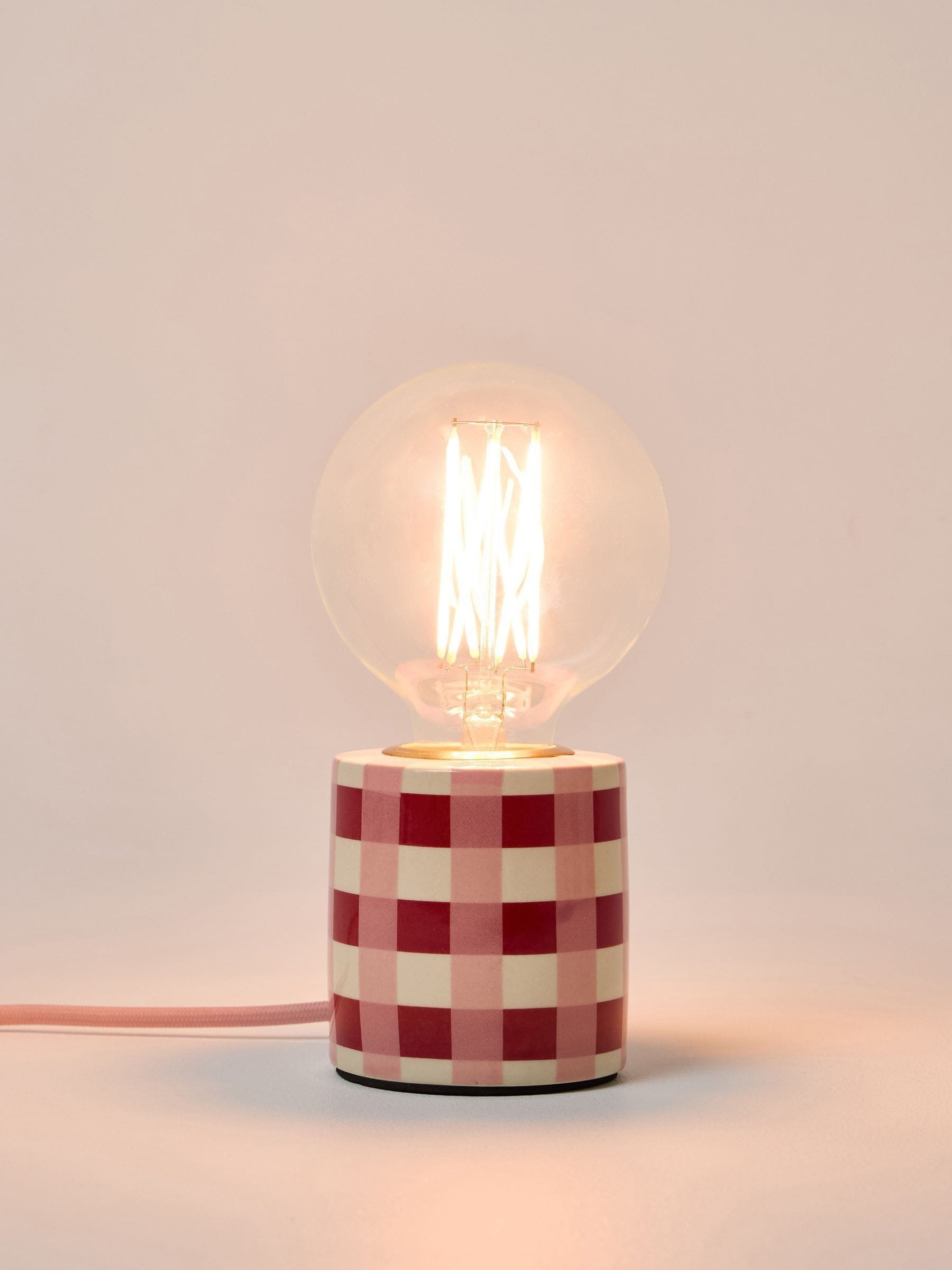 Oliver Bonas Burgundy Rasa chequered ceramic desk lamp base, UK version