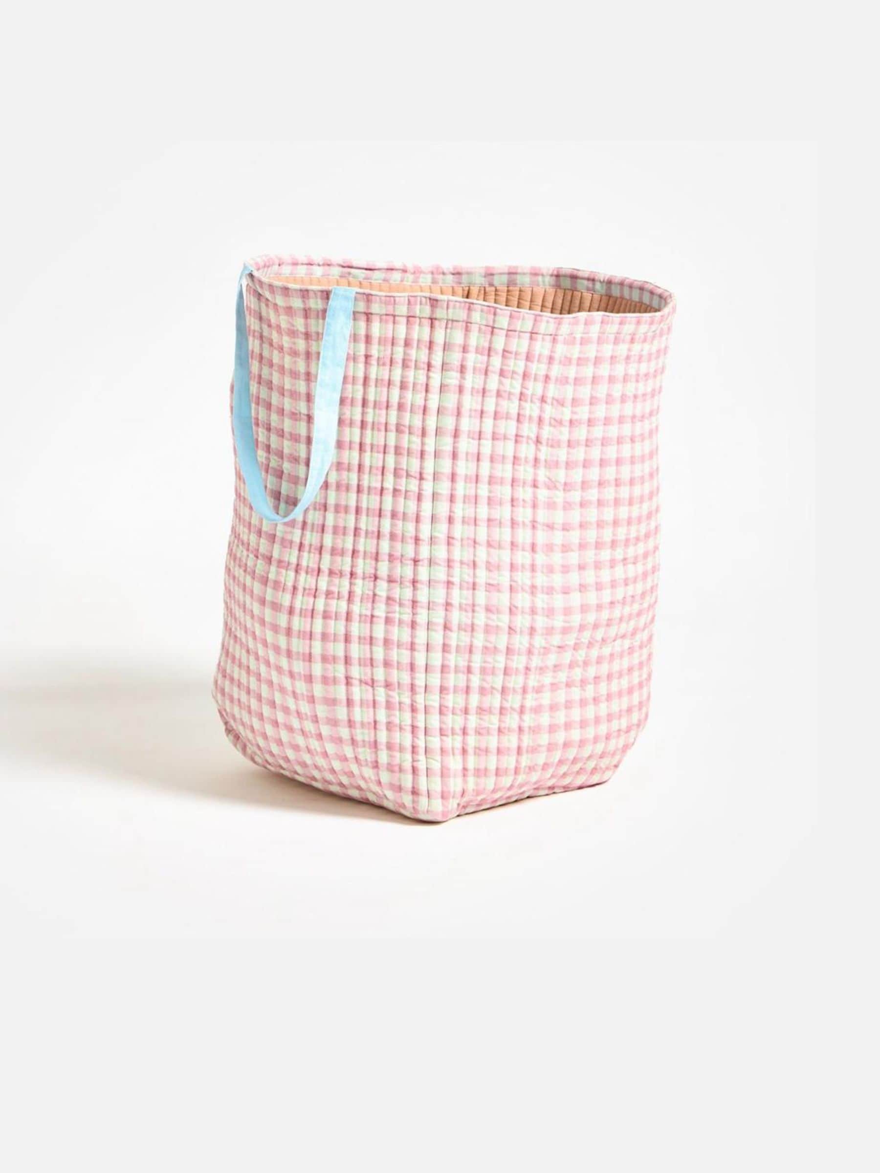 Oliver Bonas pink gingham fabric laundry basket 54cm (British brand)