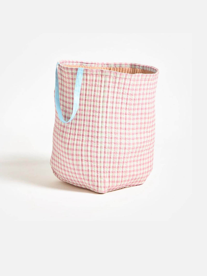 Oliver Bonas pink gingham fabric laundry basket 54cm (British brand)
