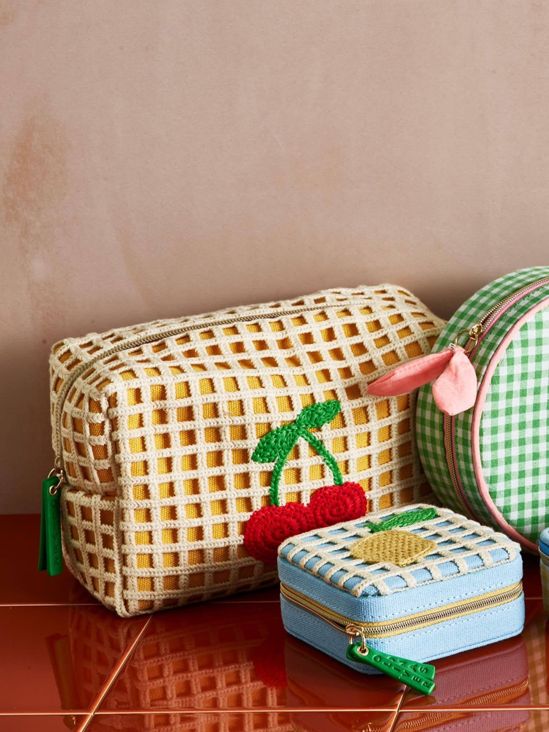 Oliver Bonas yellow crochet cherry makeup bag 140x220mm (British brand)