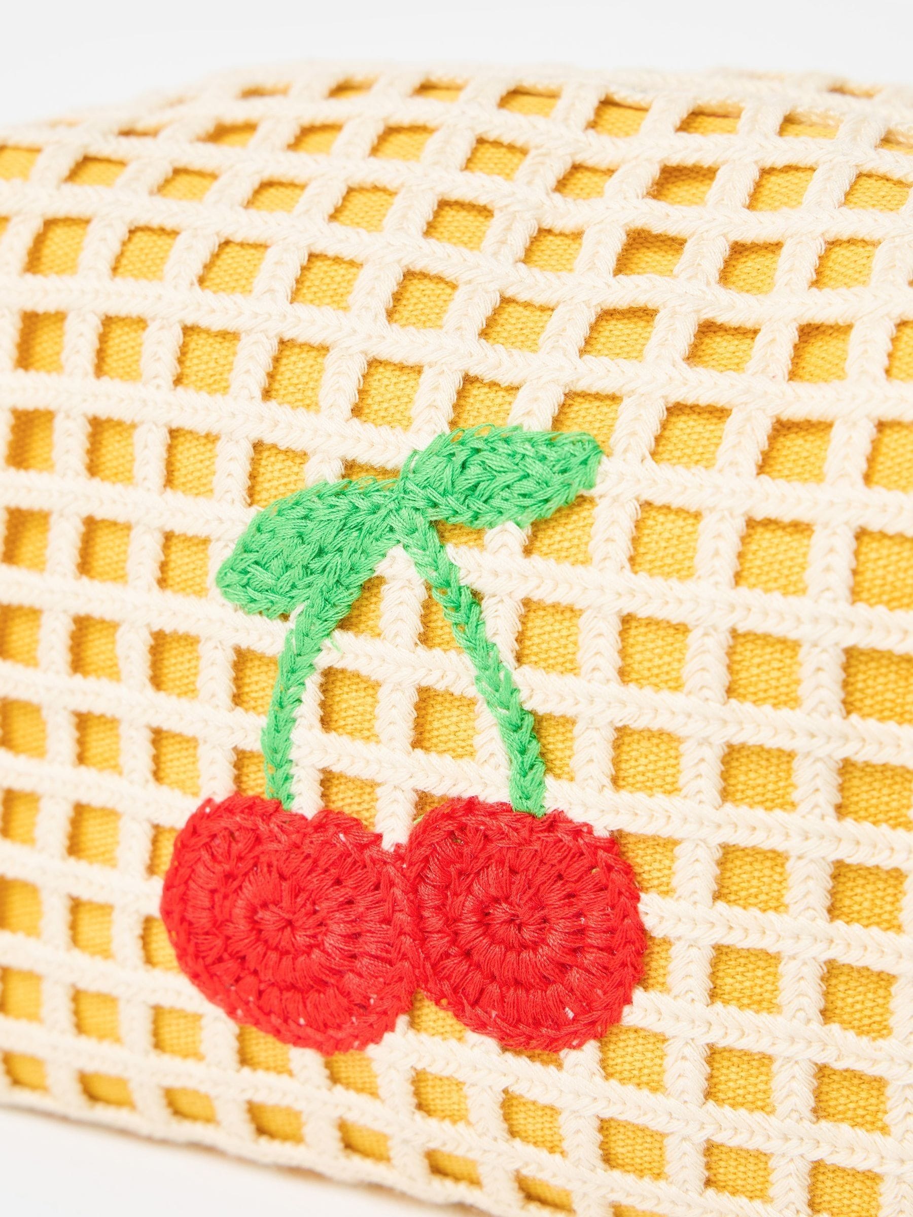 Oliver Bonas yellow crochet cherry makeup bag 140x220mm (British brand)