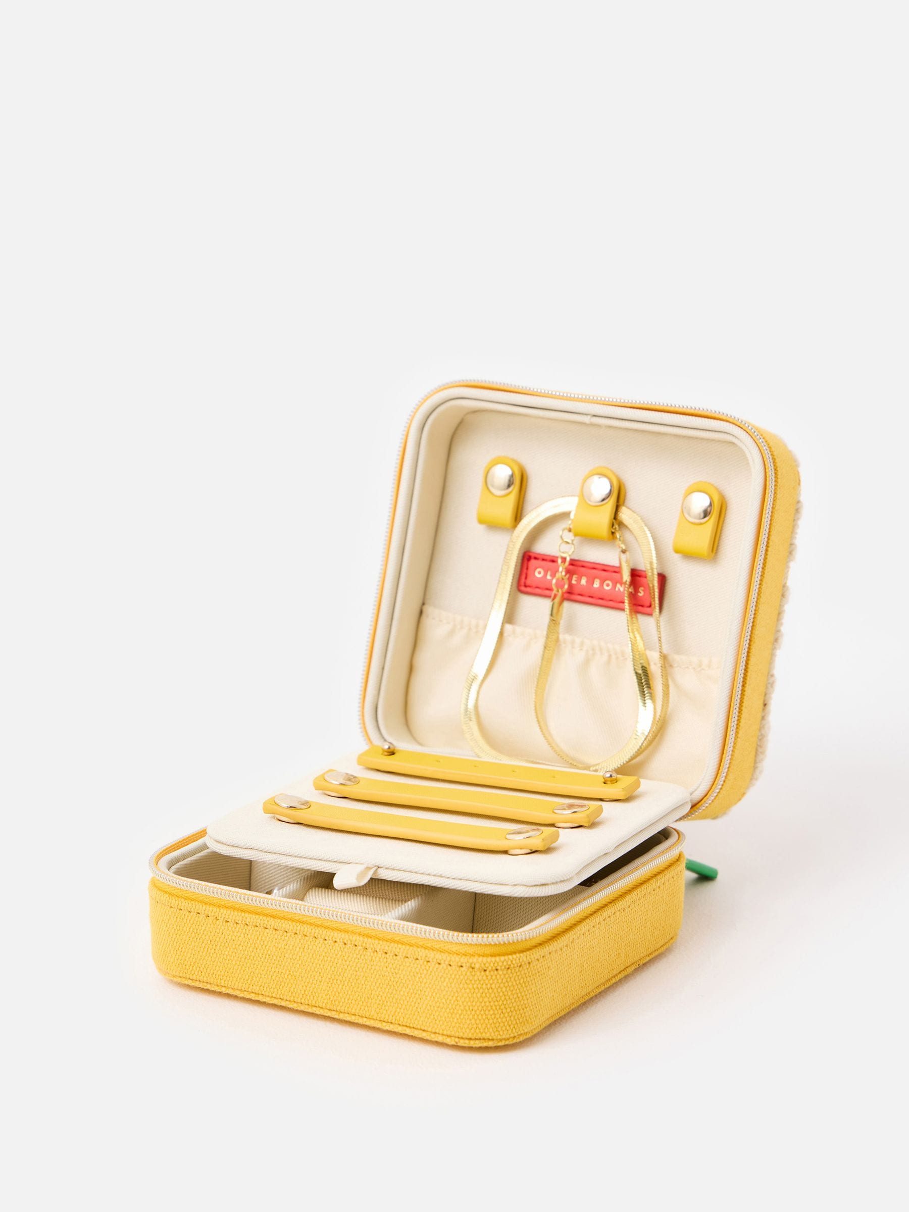 Oliver Bonas yellow crochet jewellery box with cherry motif, imported from the UK