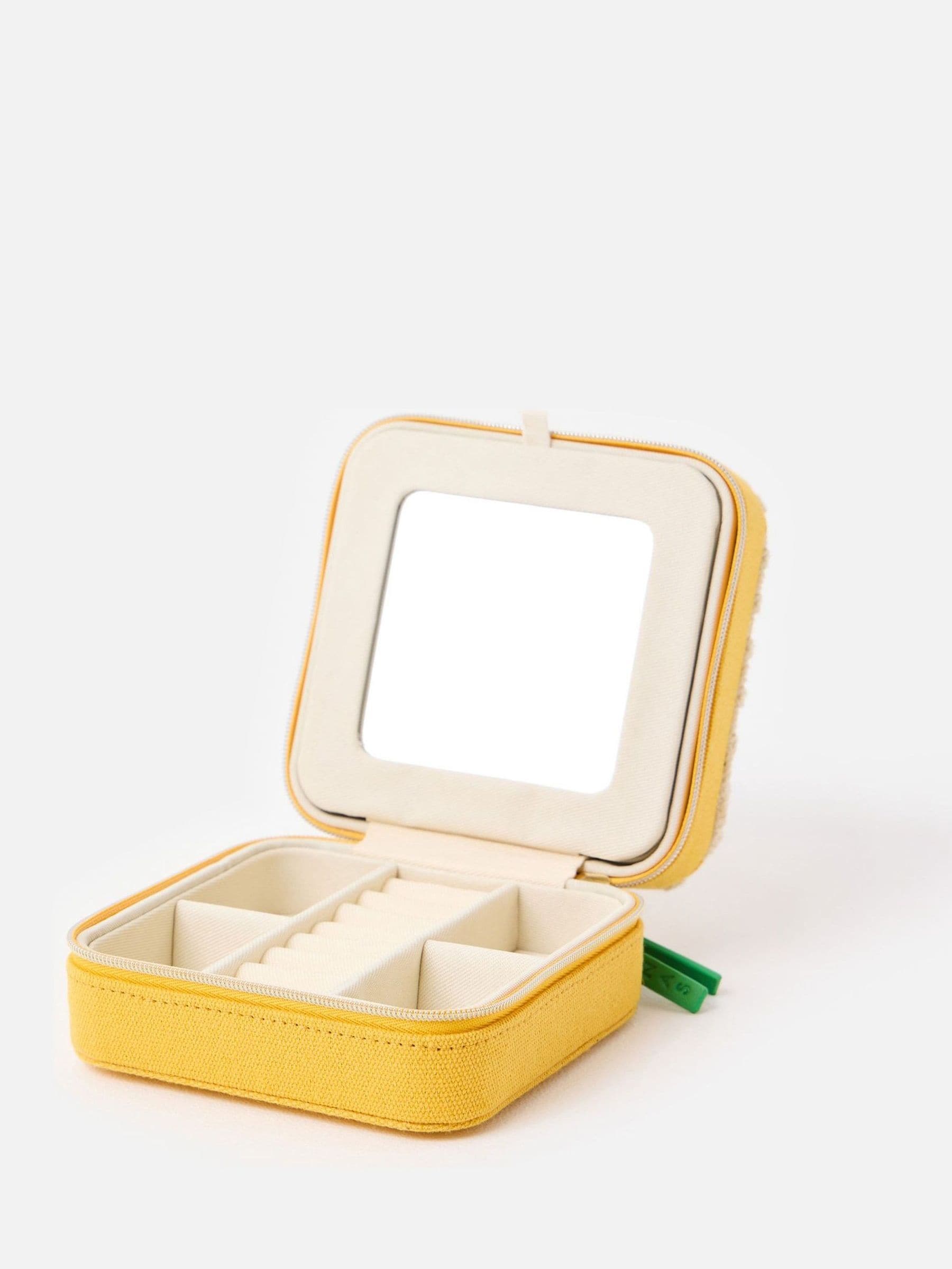 Oliver Bonas yellow crochet jewellery box with cherry motif, imported from the UK