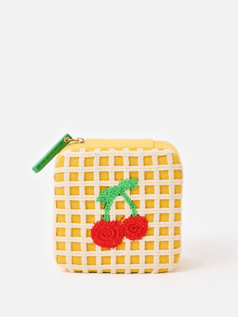 Oliver Bonas yellow crochet jewellery box with cherry motif, imported from the UK