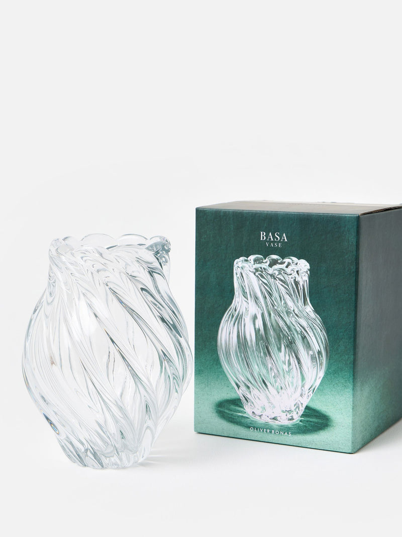 Oliver Bonas clear glass vase swirl pattern 22cm - British product
