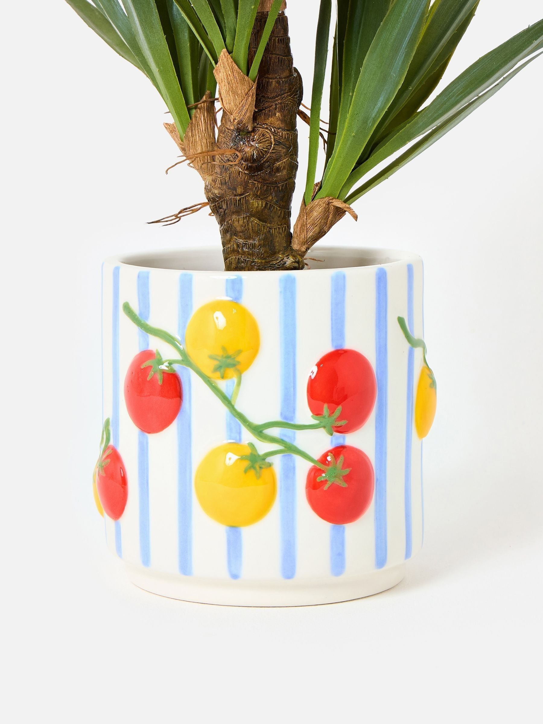 Oliver Bonas ceramic plant pot blue stripe tomato 18cm, imported from the UK