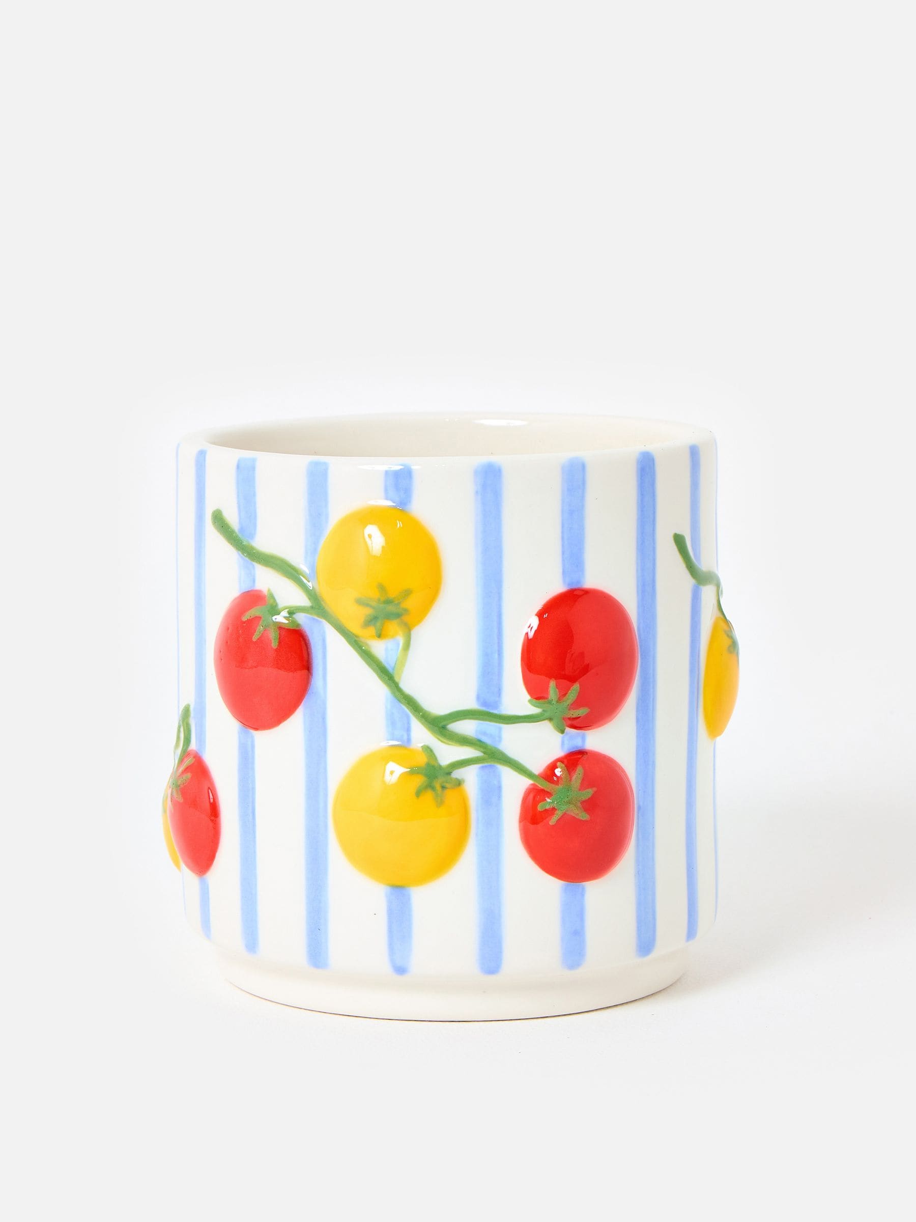 Oliver Bonas ceramic plant pot blue stripe tomato 18cm, imported from the UK