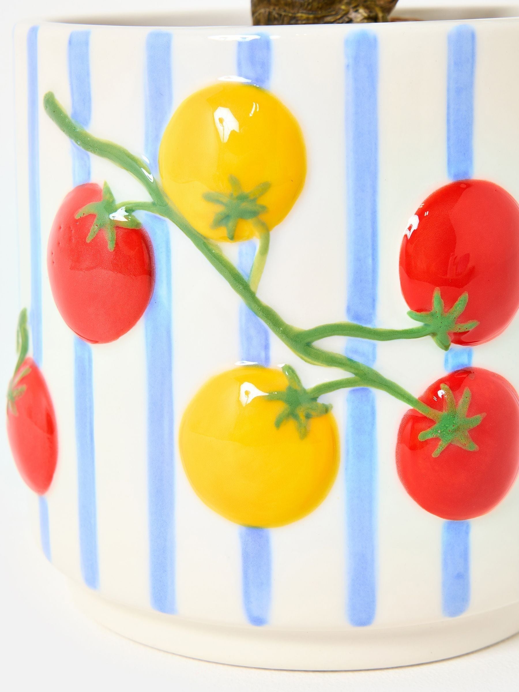 Oliver Bonas ceramic plant pot blue stripe tomato 18cm, imported from the UK