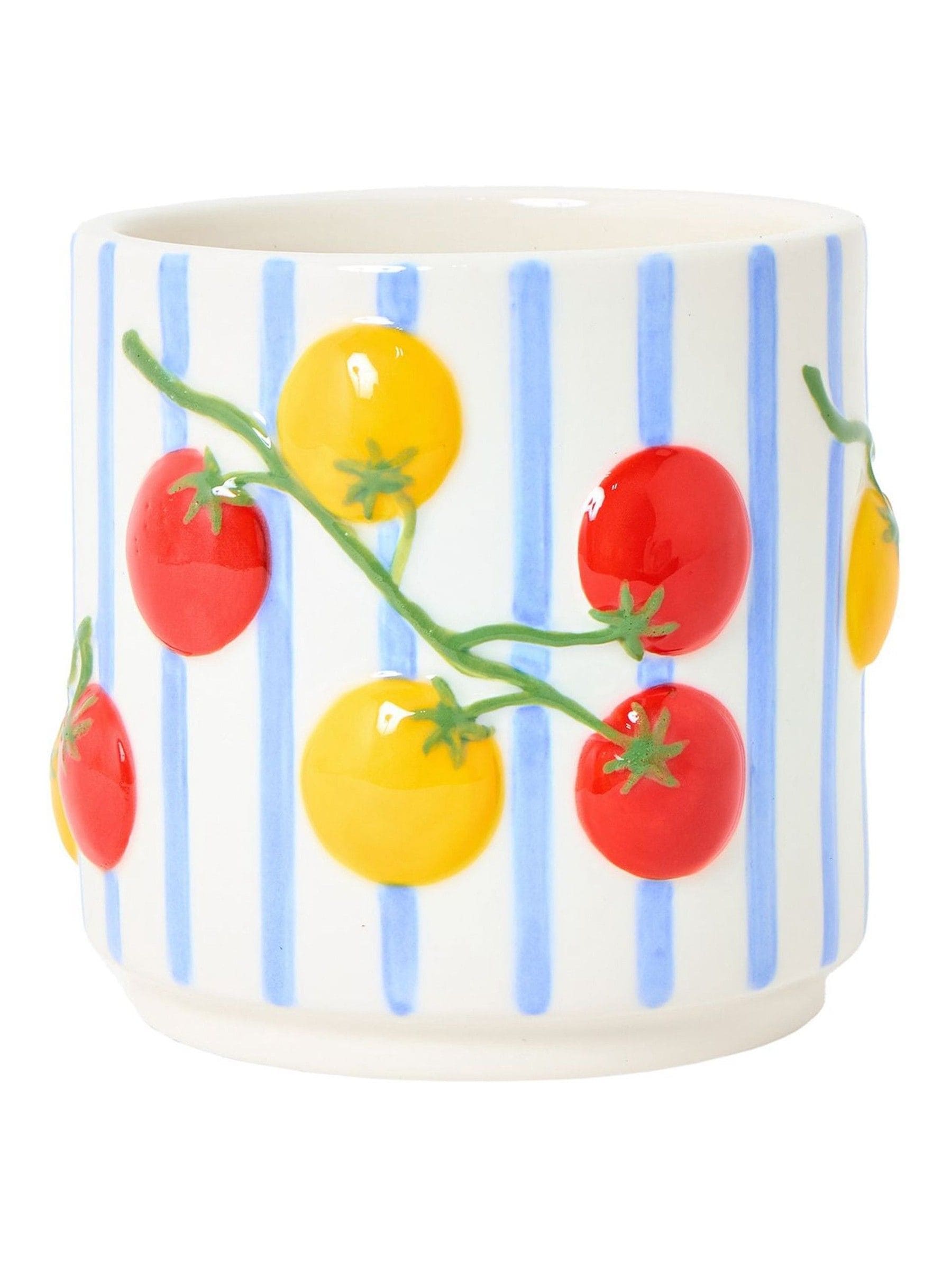 Oliver Bonas ceramic plant pot blue stripe tomato 18cm, imported from the UK