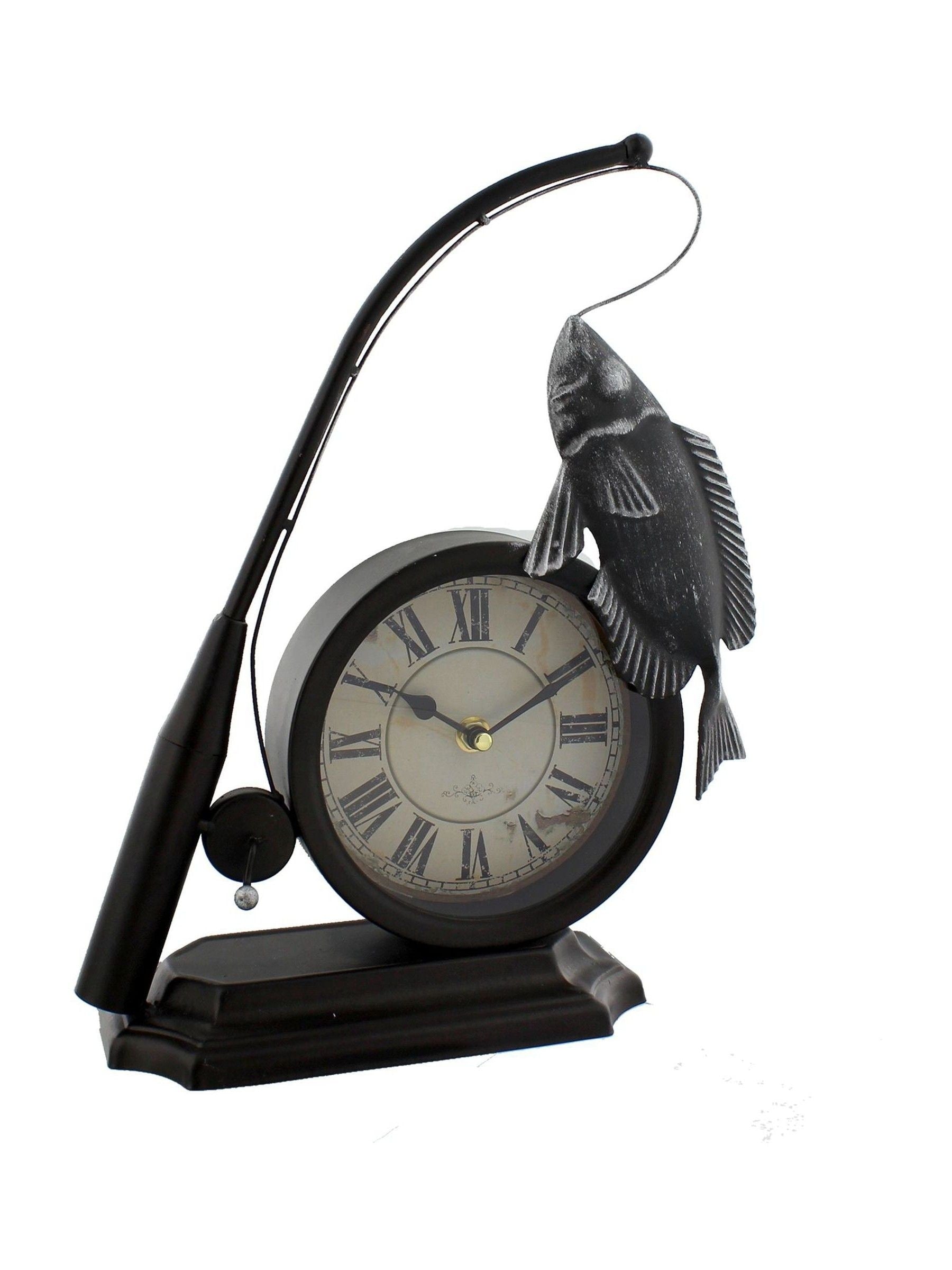 Widdop black metal mantel clock with fishing rod and fish (British brand)