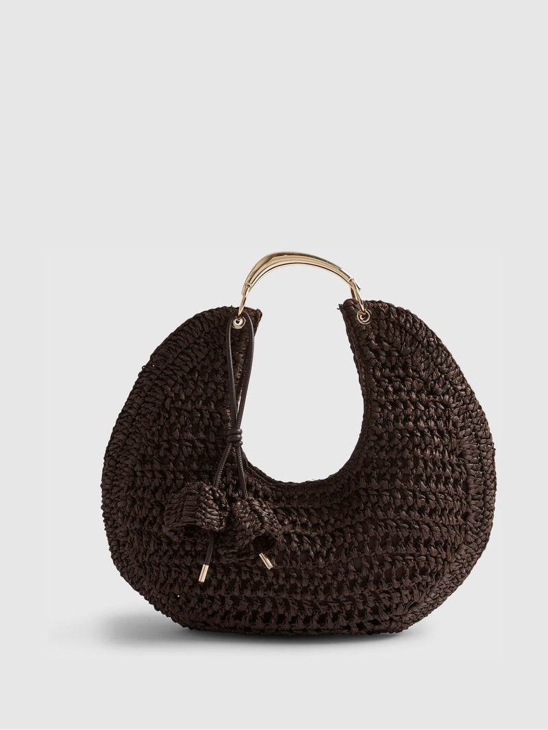 River Island brown raffia scoop bag with metal handle - British product