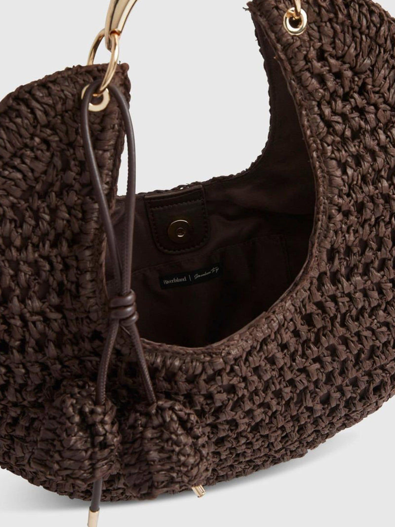 River Island brown raffia scoop bag with metal handle - British product