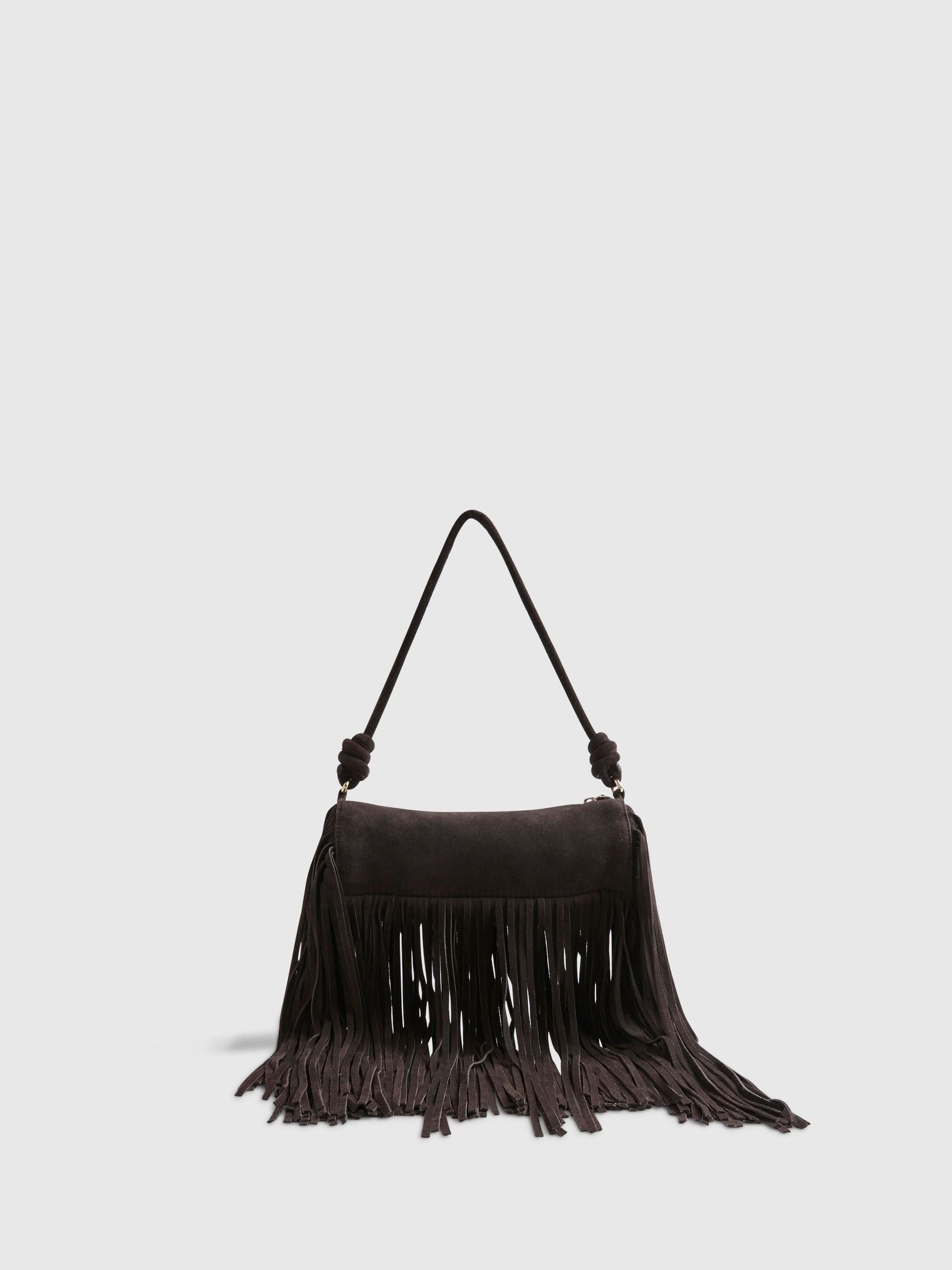 River Island brown fringe leather cylinder bag - British product