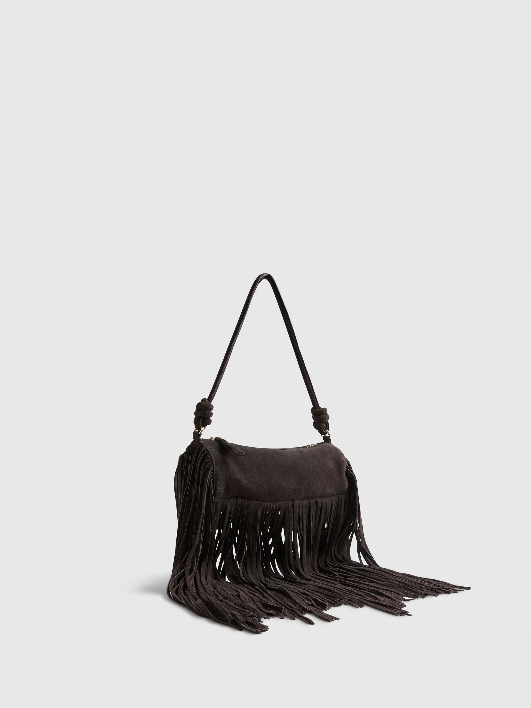 River Island brown fringe leather cylinder bag - British product