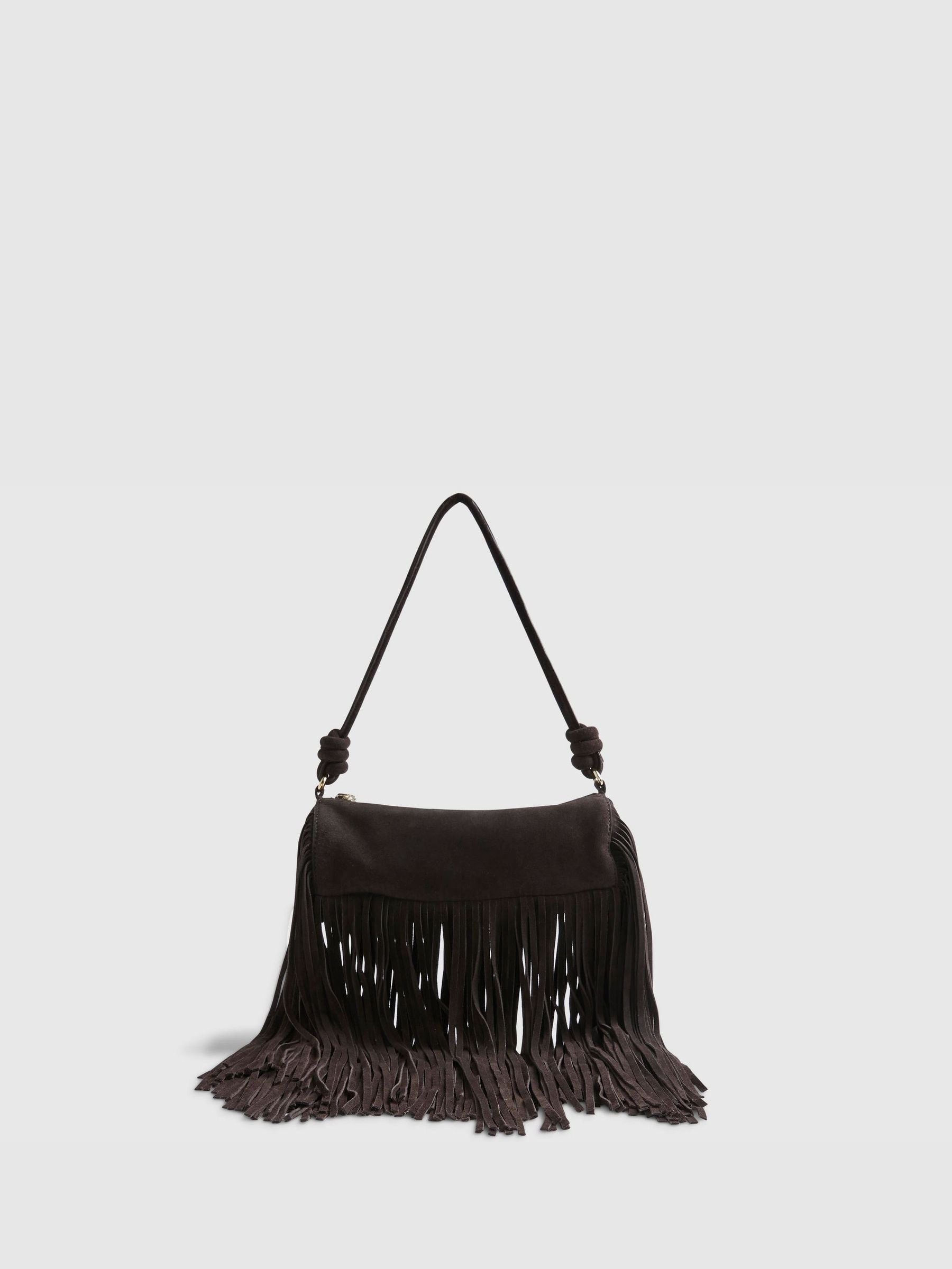 River Island brown fringe leather cylinder bag - British product