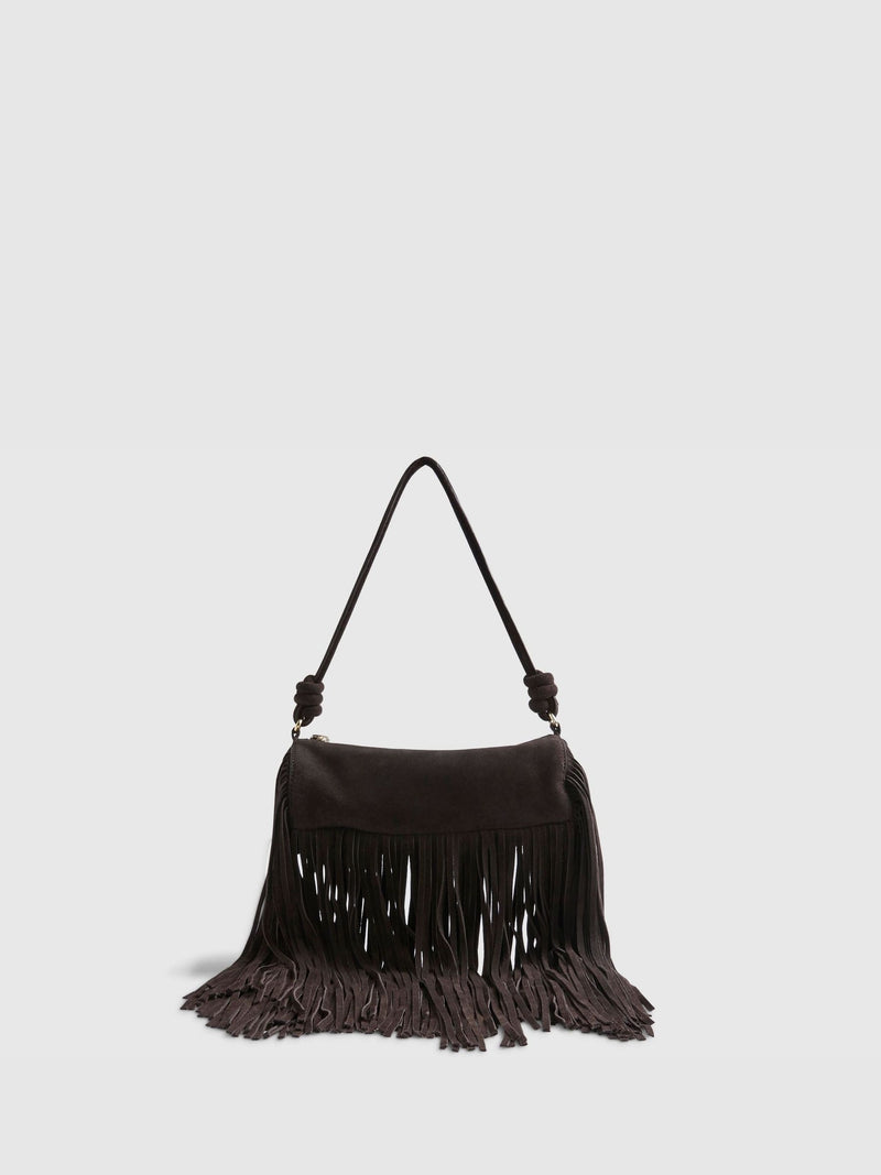 River Island brown fringe leather cylinder bag - British product